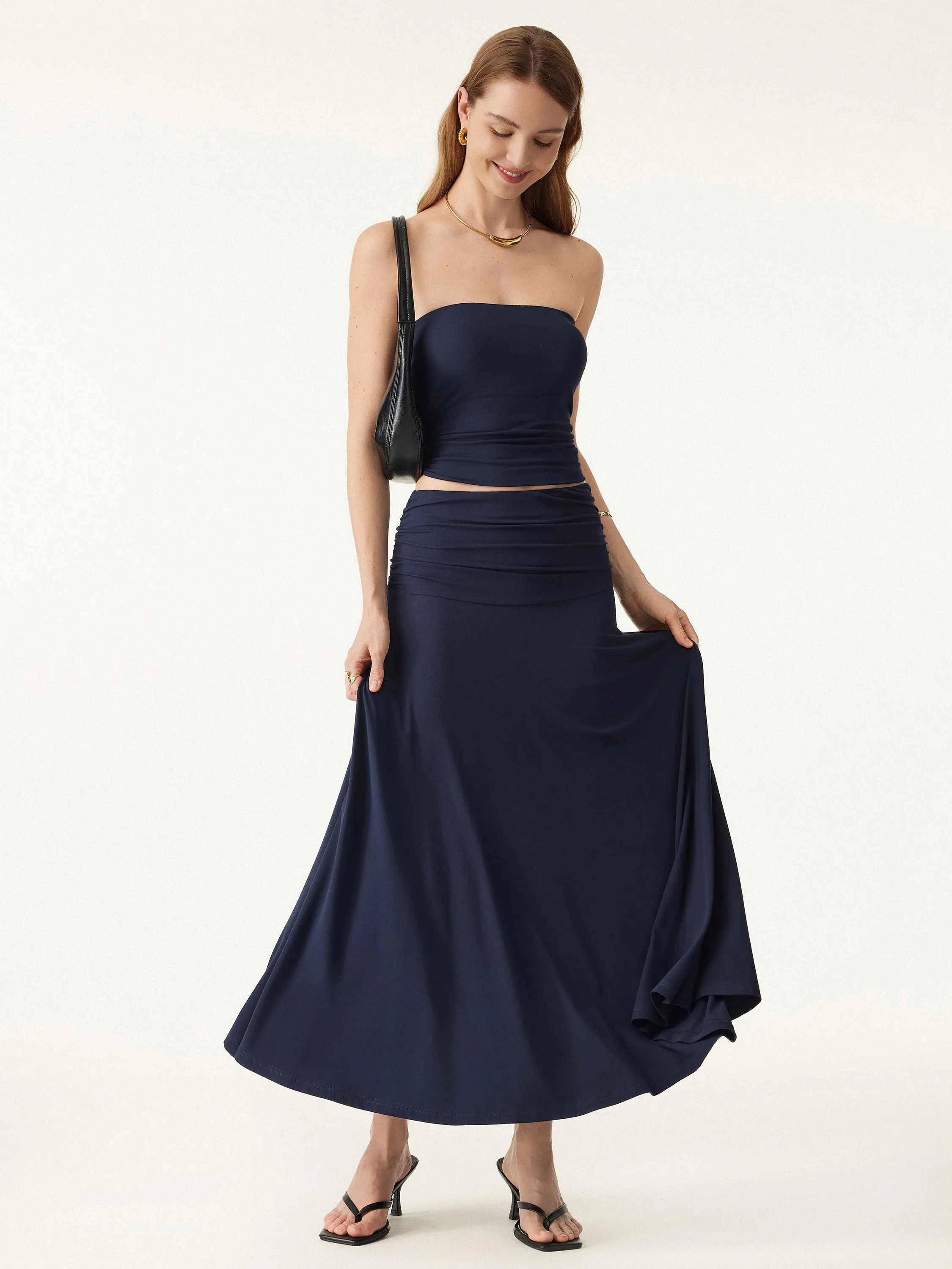 Ultrasoft Mid Rise A-line Ruched Maxi Skirt sold by OGLmove