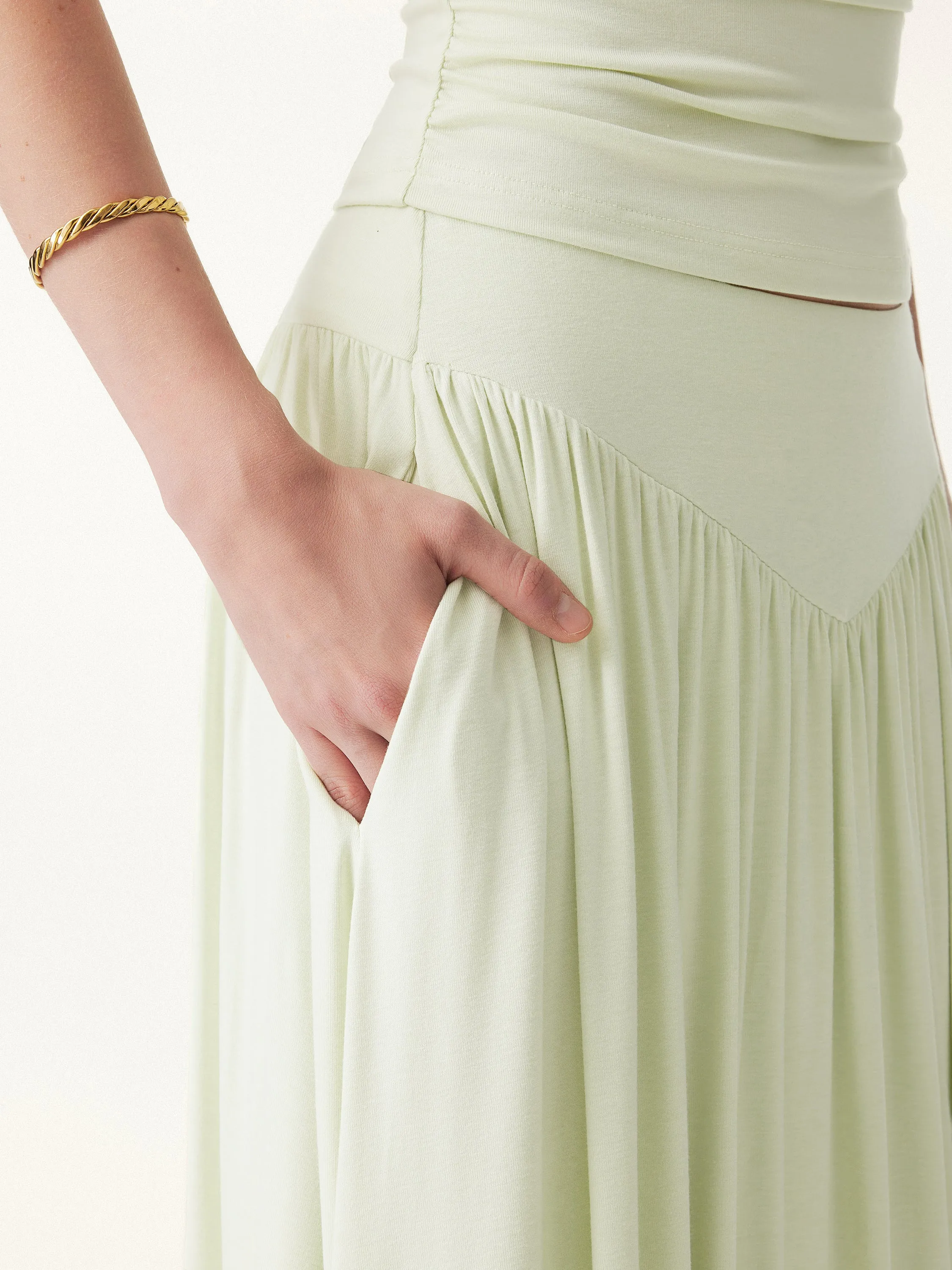 Ultrasoft V-shape Waist Gathred Maxi Circle Skirt with Pockets sold by OGLmove product image thumbnail 5