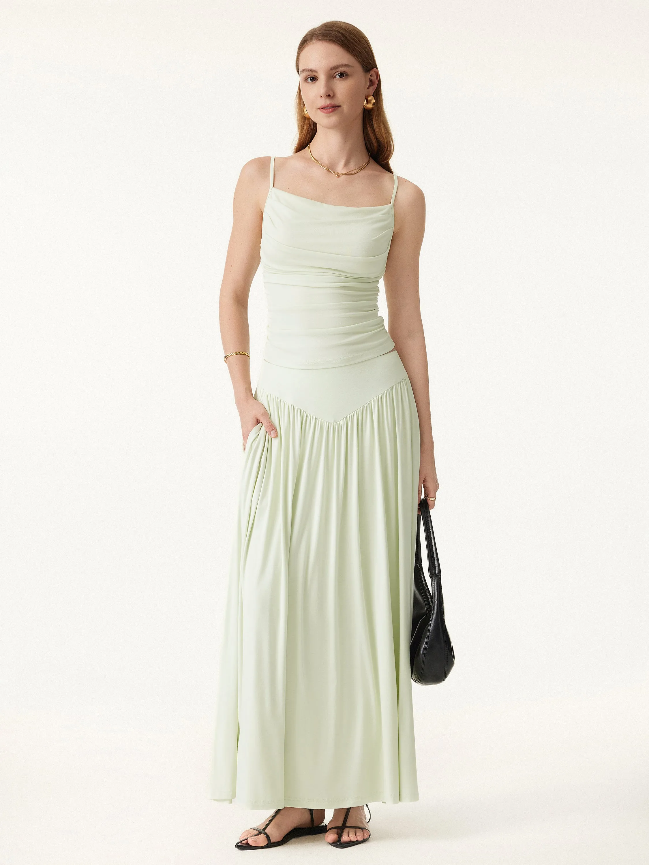 Ultrasoft V-shape Waist Gathred Maxi Circle Skirt with Pockets sold by OGLmove product image thumbnail 4