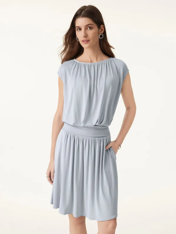 Sandwashed Crewneck Cap Sleeve Ruched Tee with Cinched Hem sold by ogl move