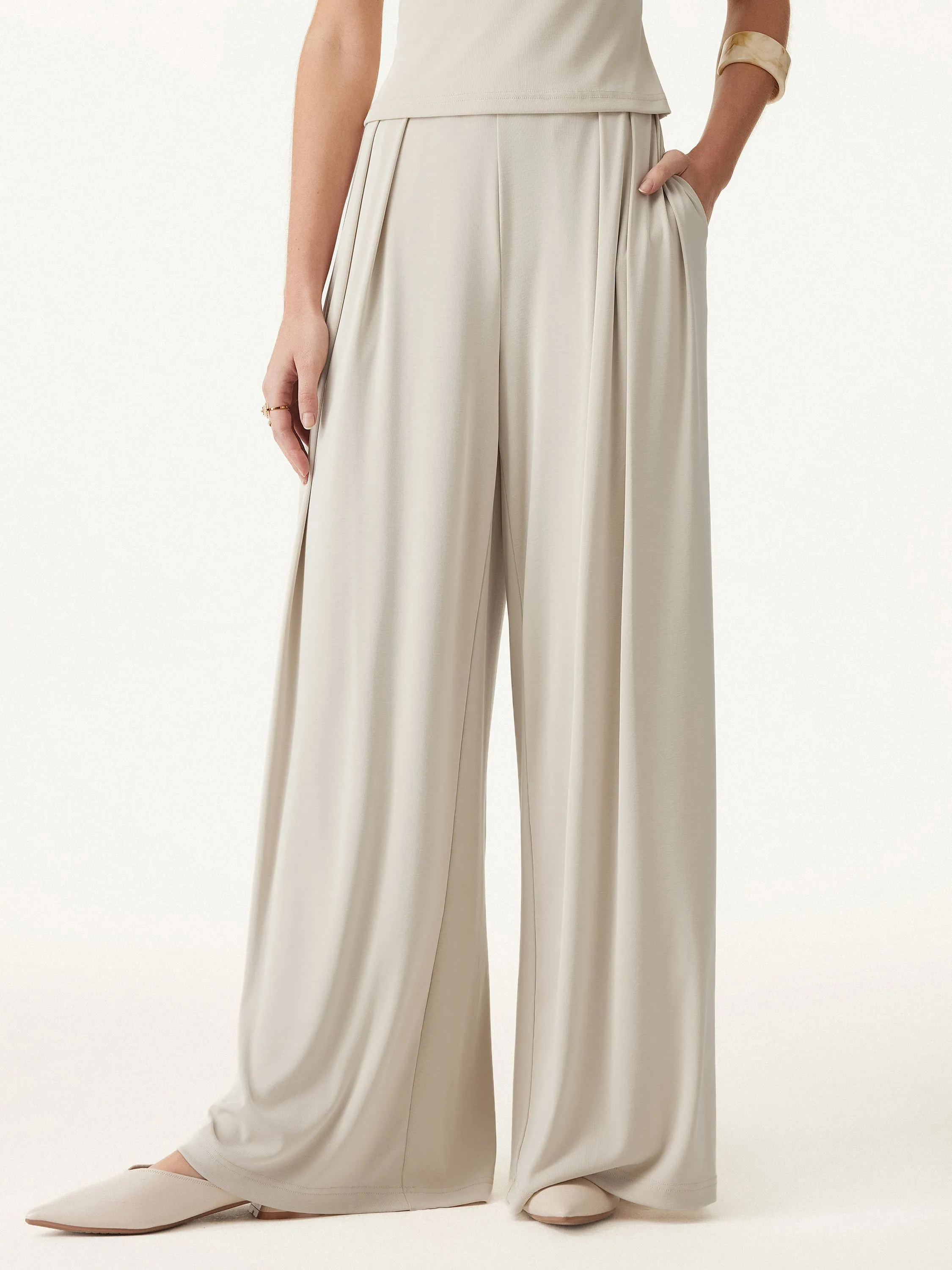 Sandwashed Mid Rise Pleated Wide Leg Palazzo Pants with Pockets sold by OGLmove product image thumbnail 5