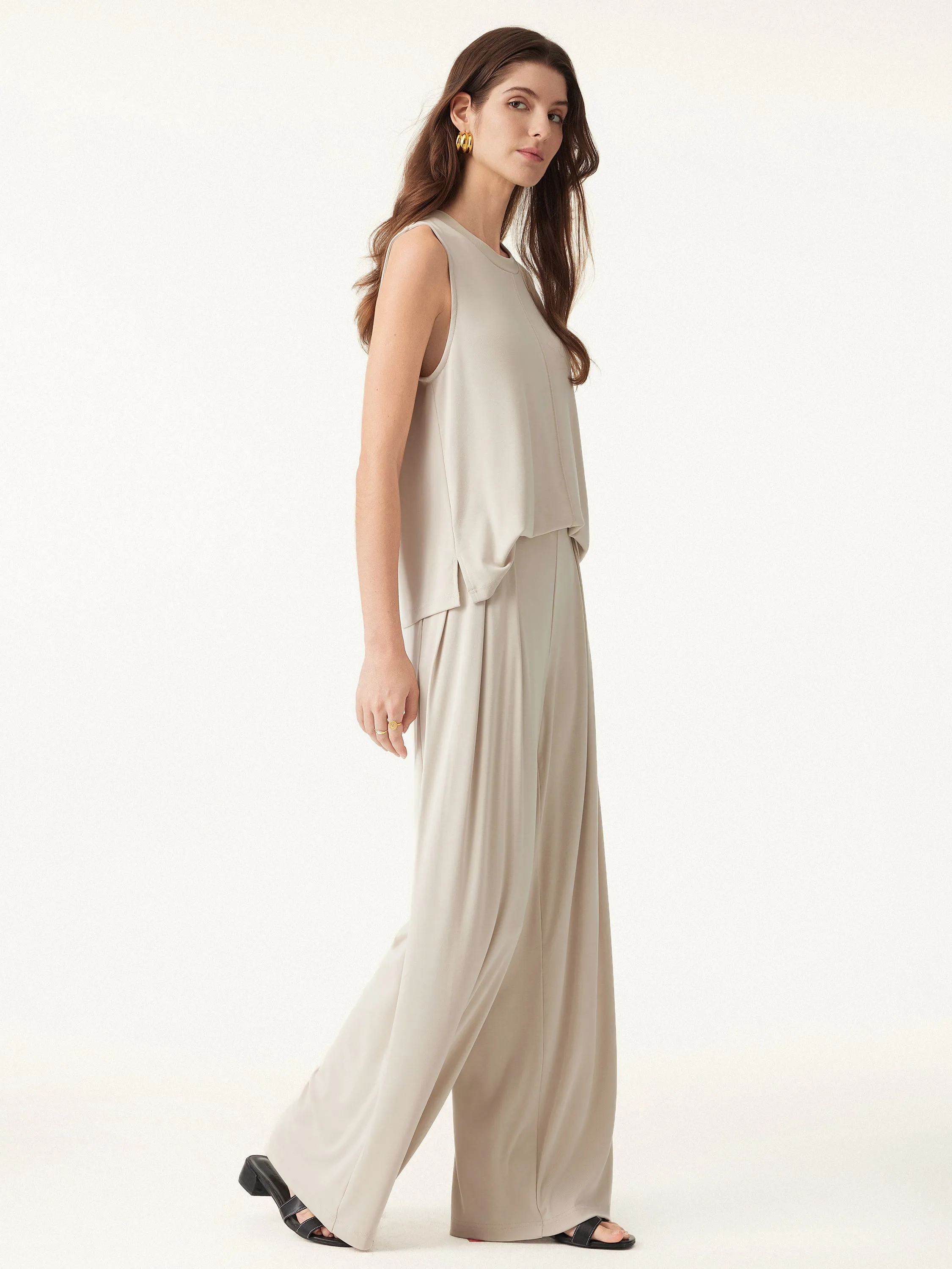 2Pcs Set Crewneck Relaxed Tank & Mid Rise Wide Leg Palazzo Pants with Pockets sold by ogl move product image thumbnail 3