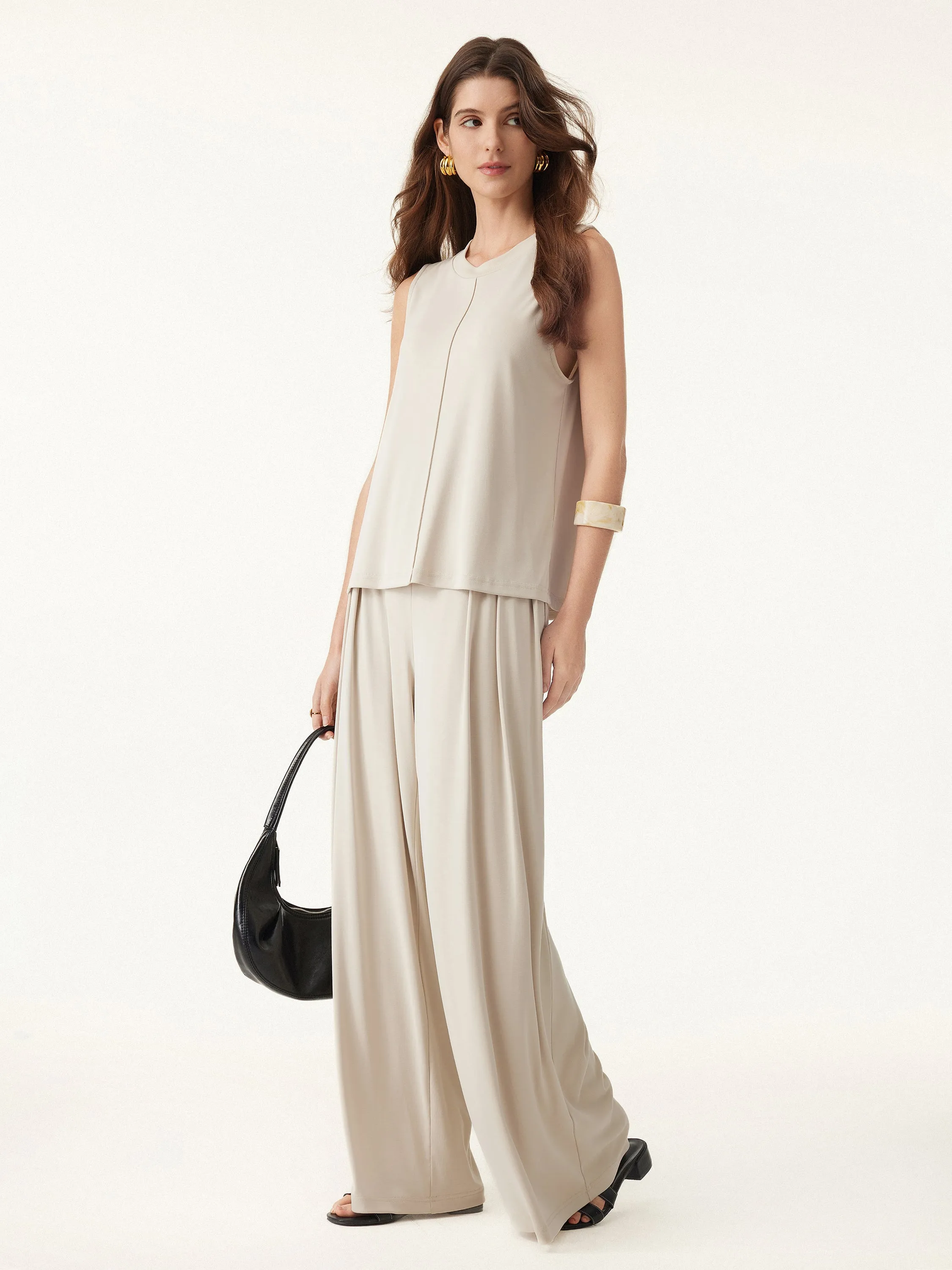 2Pcs Set Crewneck Relaxed Tank & Mid Rise Wide Leg Palazzo Pants with Pockets sold by ogl move