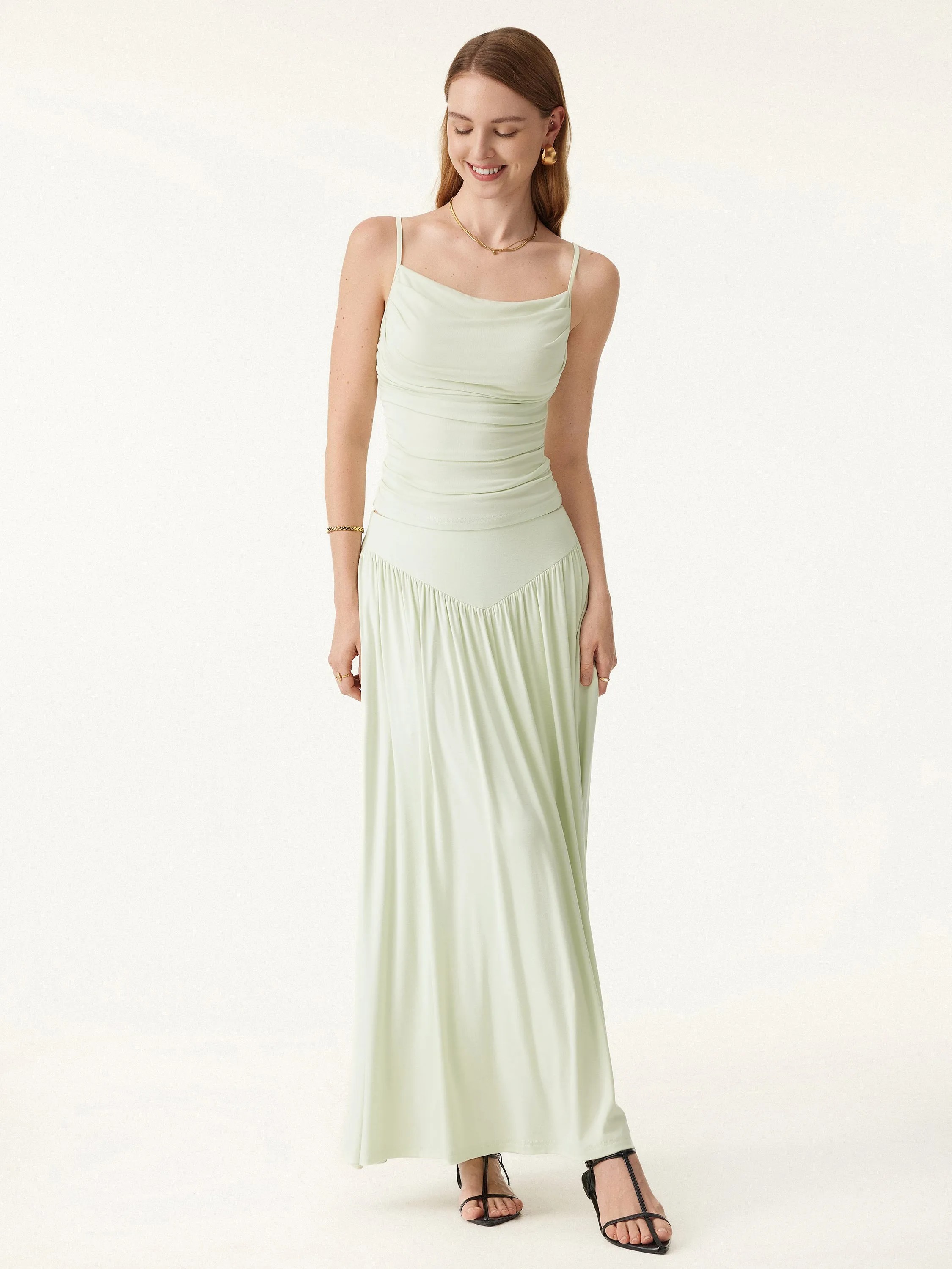 2Pcs Set Adjustable Spaghetti Straps Brami & V-shape Maxi Skirt with Pockets sold by ogl move product image thumbnail 5