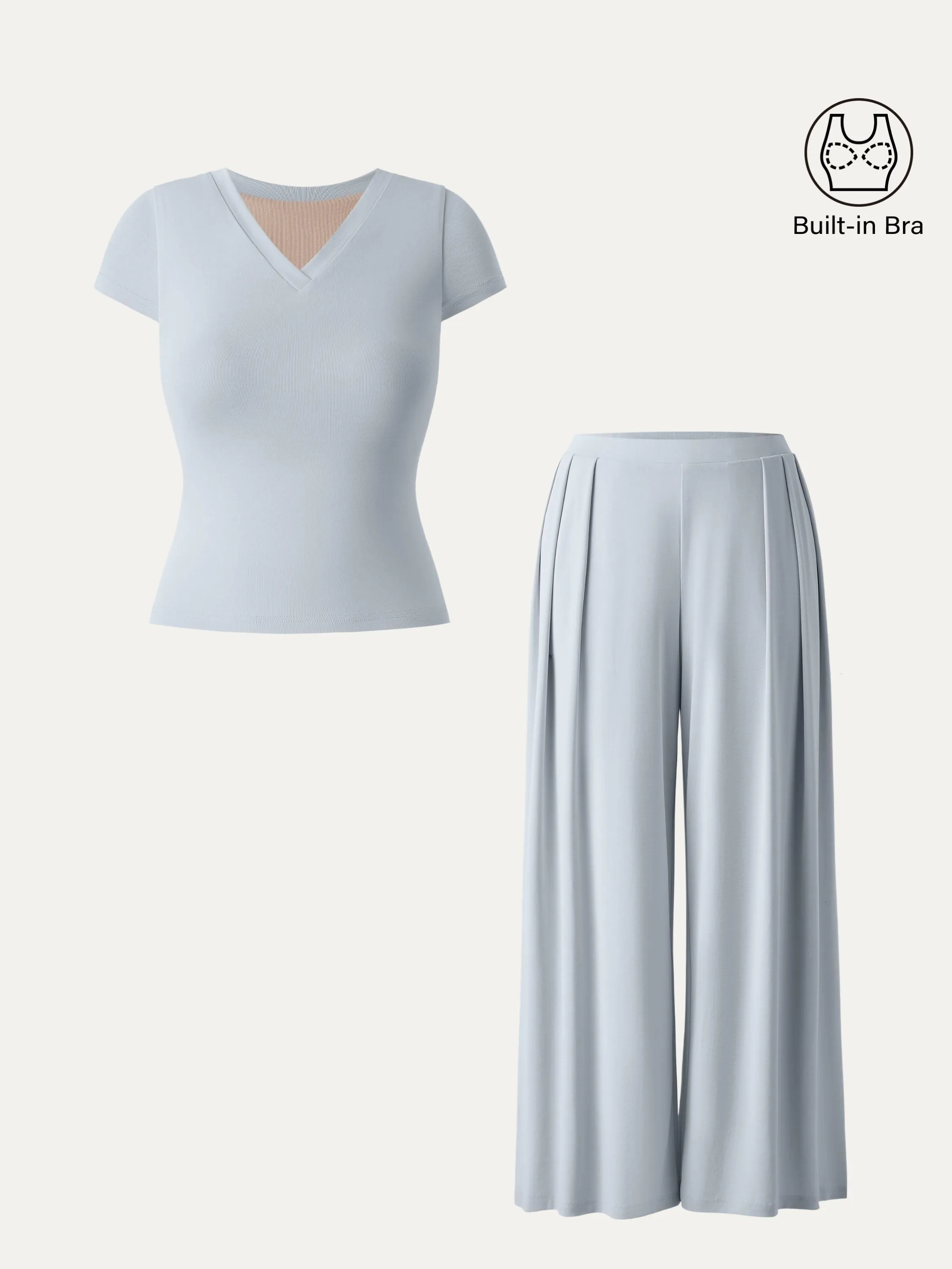 2Pcs Set V-neck Short Sleeve Brami & Mid Rise Wide Leg Palazzo Pants with Pockets sold by ogl move product image thumbnail 5