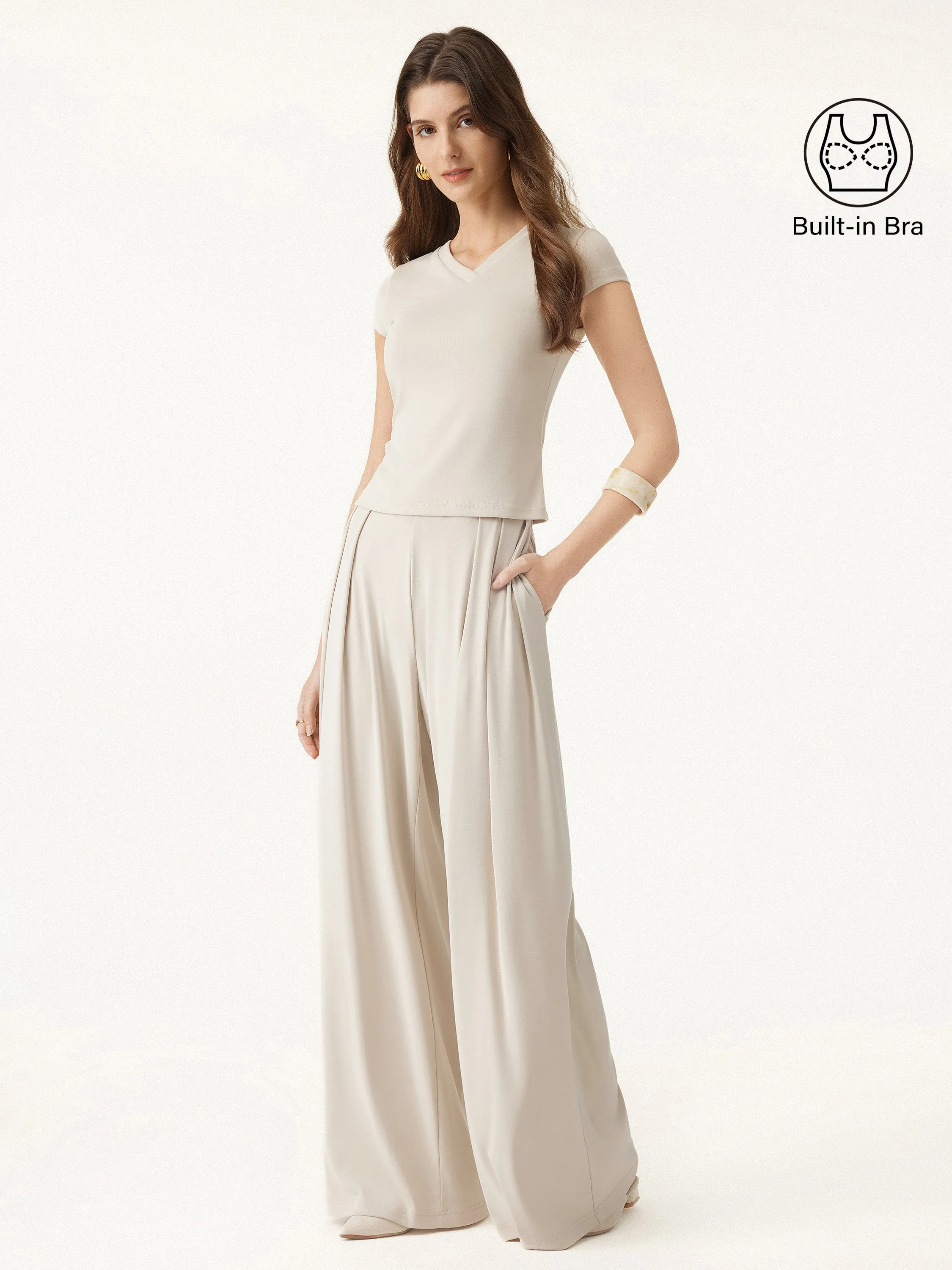 2Pcs Set V-neck Short Sleeve Brami & Mid Rise Wide Leg Palazzo Pants with Pockets sold by ogl move