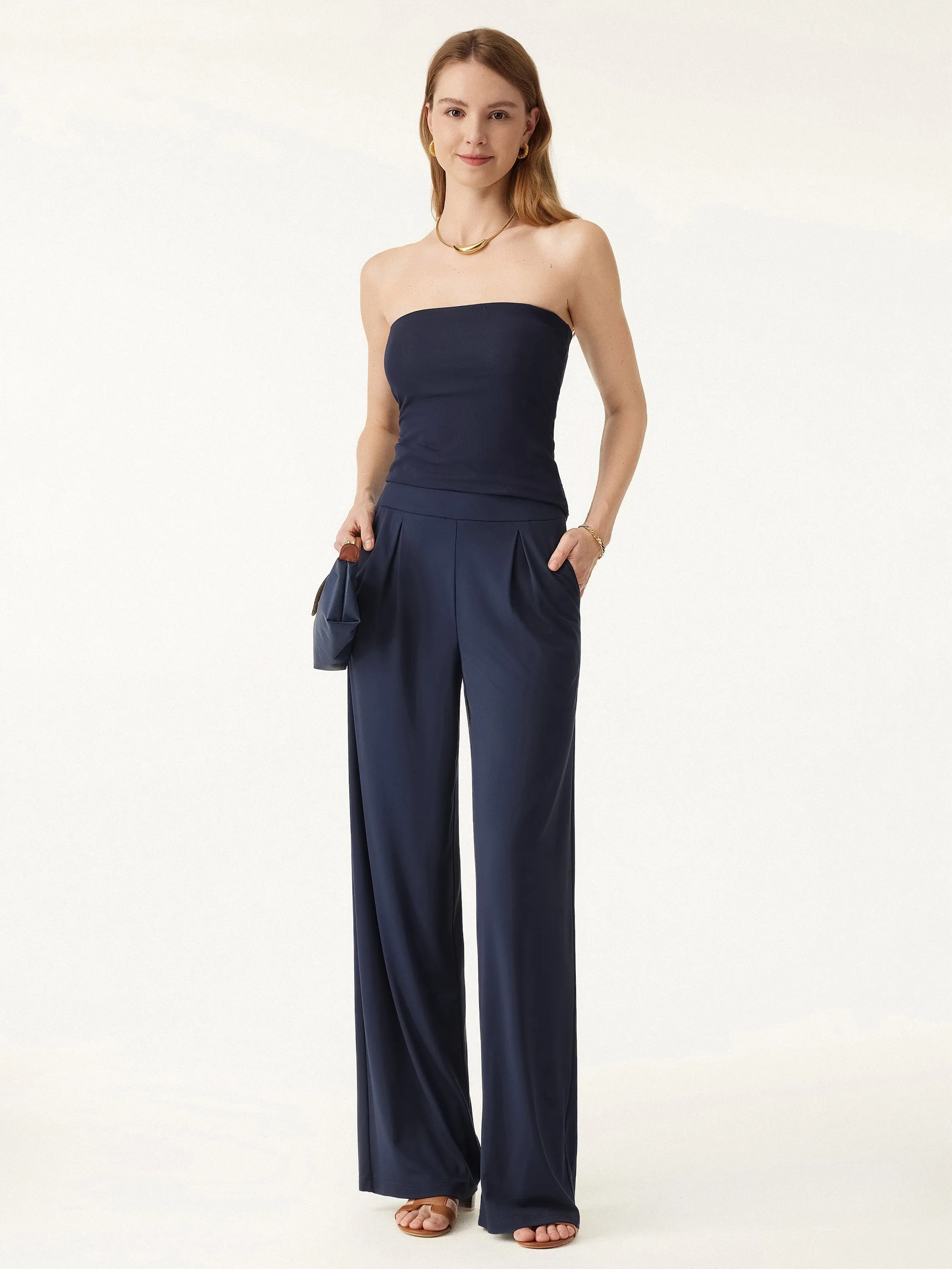 Mid Rise Pull-on Wide Leg Peated Pants with Pockets sold by ogl move