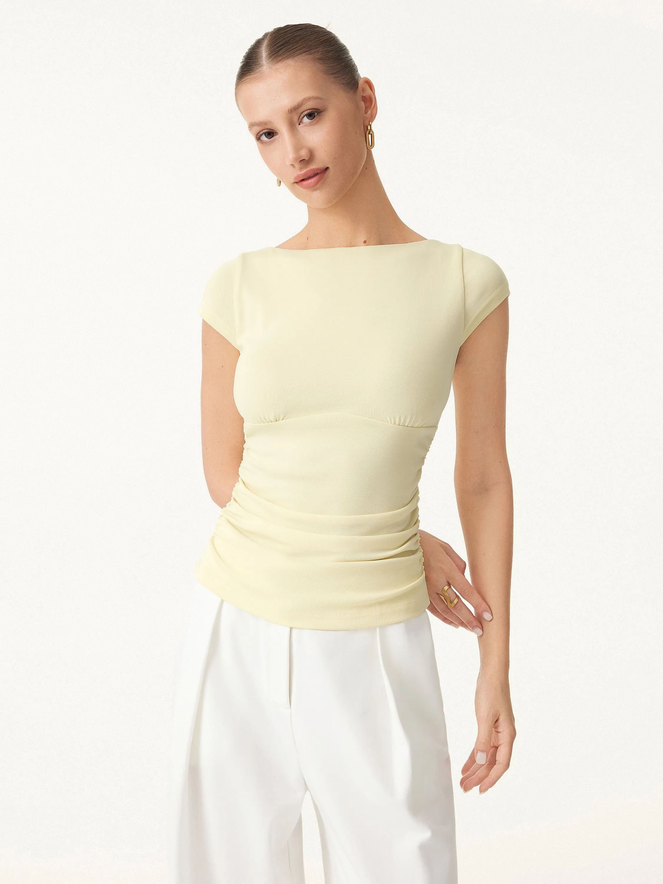 Sandwashed Boatneck Cap Sleeve Ruched Brami sold by OGLmove product image thumbnail 4