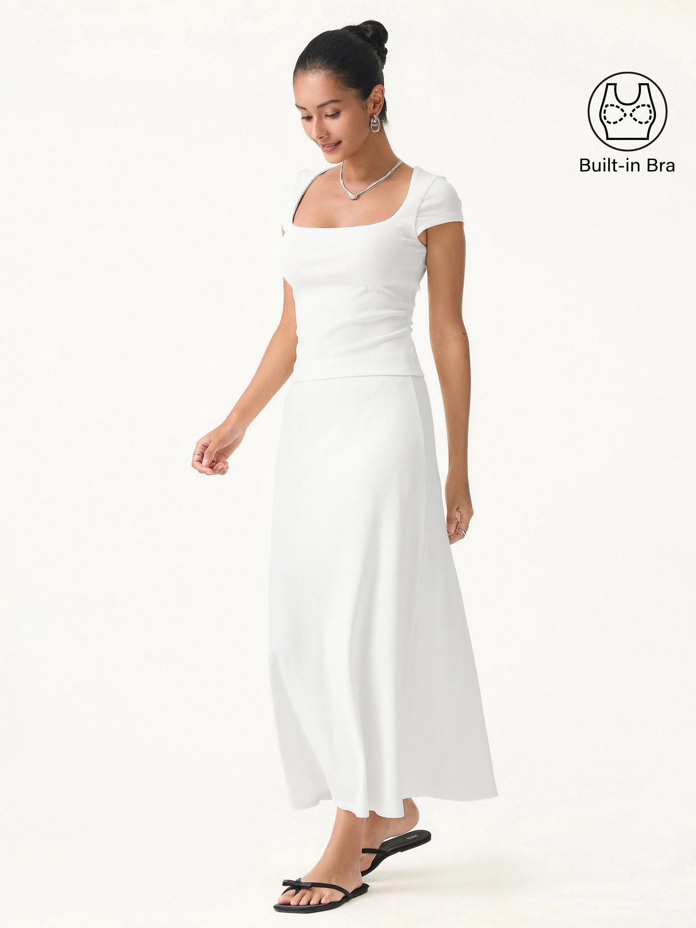 2Pcs Set Stretch Cotton Pointelle Square Neck Brami & A-line Midi Skirt sold by ogl move product image thumbnail 3