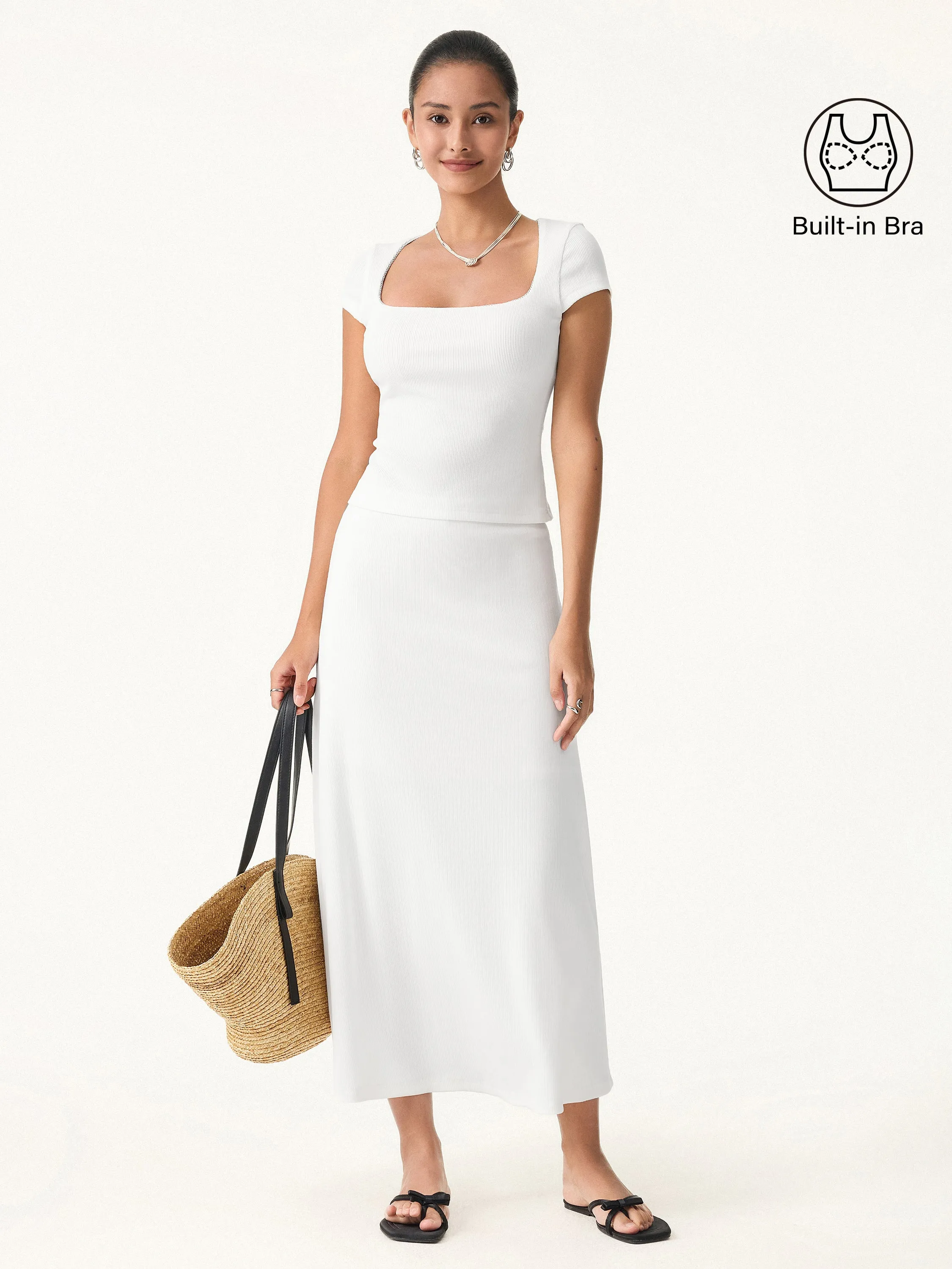 2Pcs Set Stretch Cotton Pointelle Square Neck Brami & A-line Midi Skirt sold by ogl move