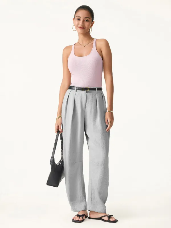 Viscose-linen Mid Rise Barrel Leg Tucked Pants with Pockets sold by ogl move