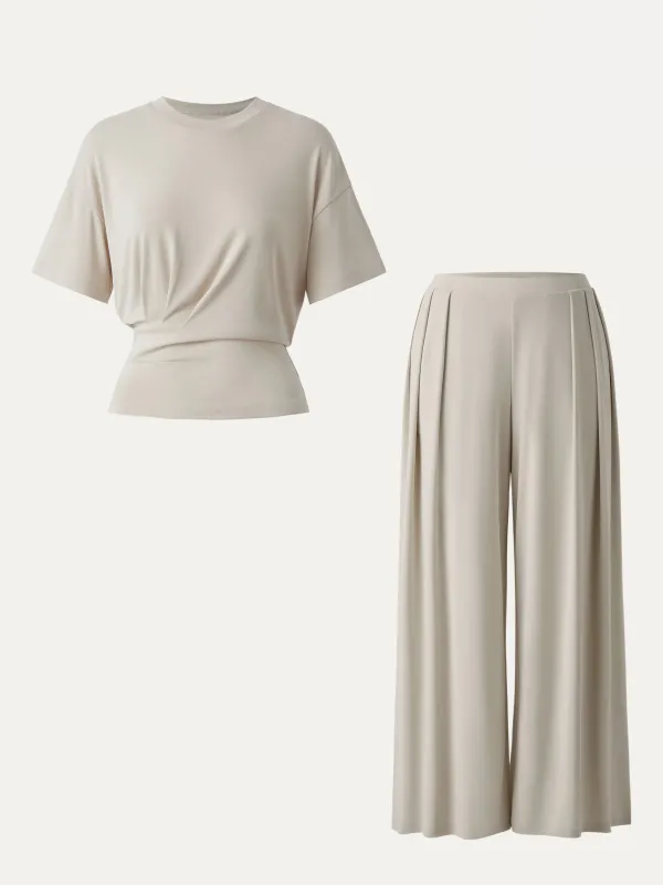 2Pcs Set Sandwashed Crewneck Tee & Mid Rise Pleated Wide Leg Pants with Pockets sold by ogl move