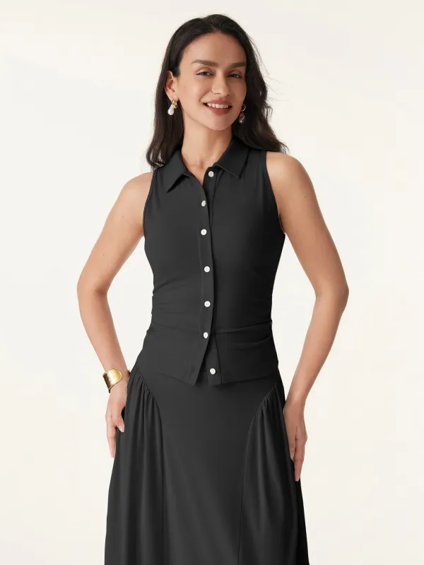 Collared Faux Button Placket Vest sold by ogl move