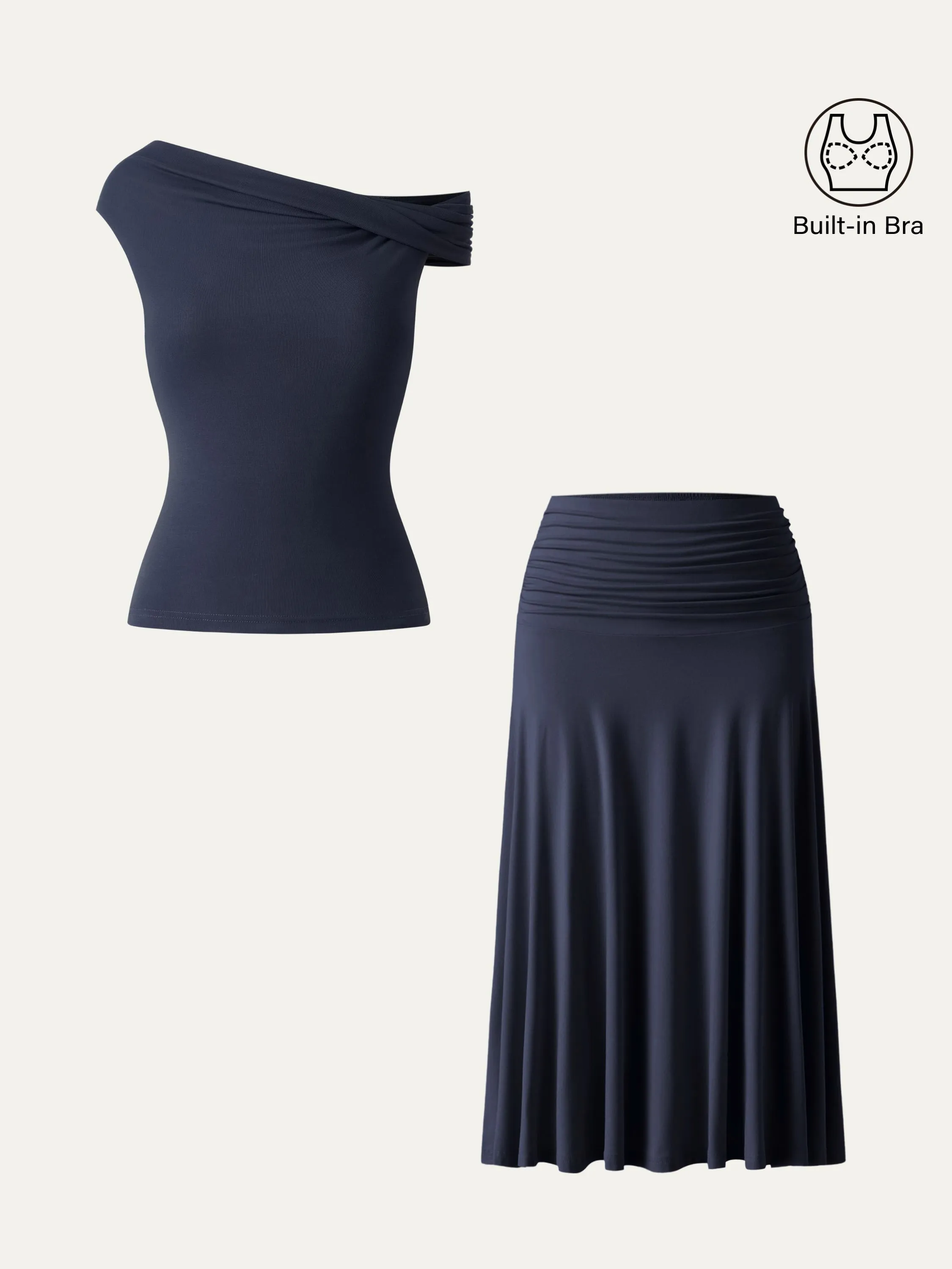 2Pcs Set Multi-wear Versatile Necklines Brami Top & Flowy Side Ruched A-line Midi Skirt sold by OGLmove product image thumbnail 2