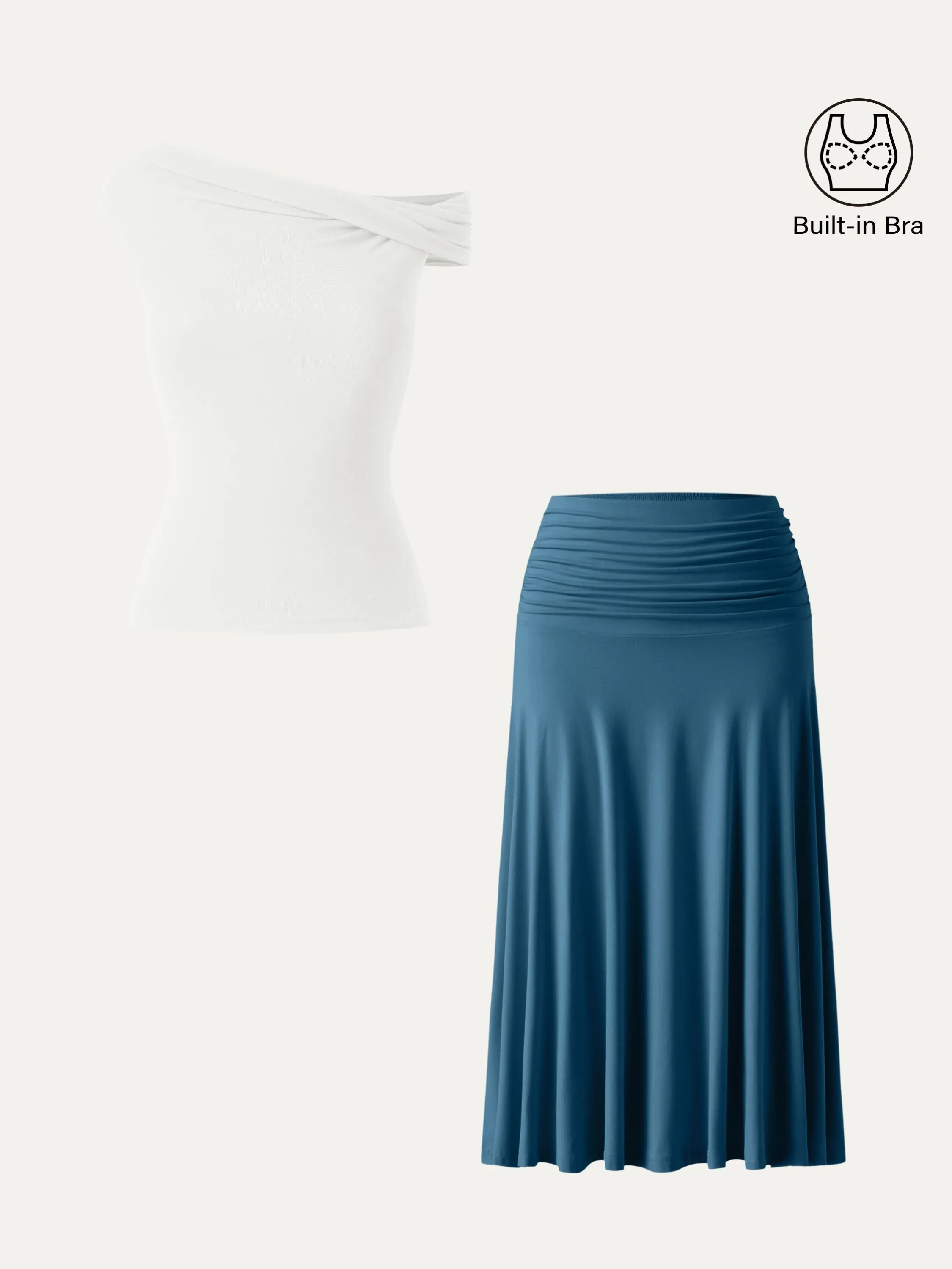2Pcs Set Multi-wear Versatile Necklines Brami Top & Flowy Side Ruched A-line Midi Skirt sold by OGLmove product image thumbnail 5