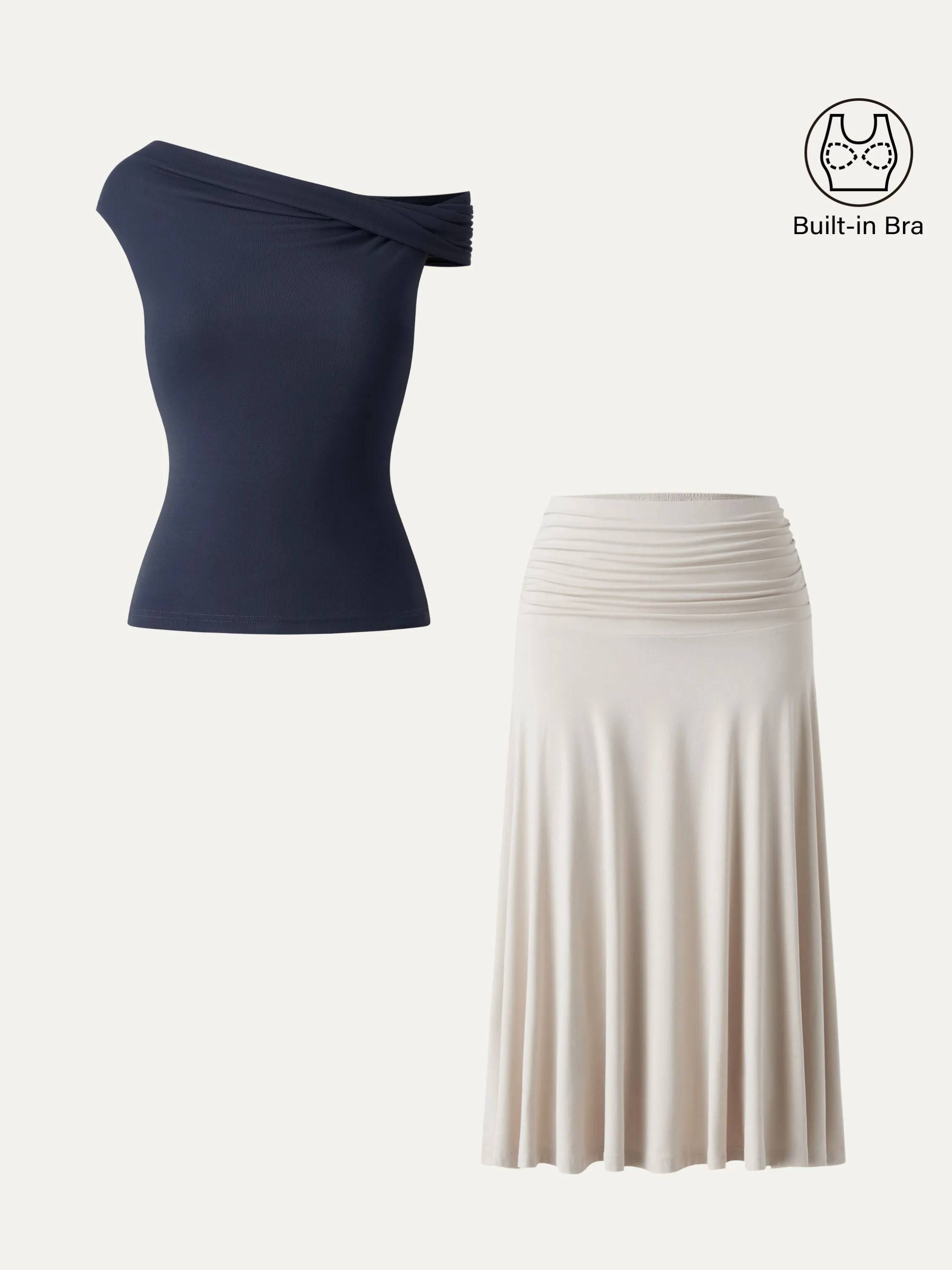 2Pcs Set Multi-wear Versatile Necklines Brami Top & Flowy Side Ruched A-line Midi Skirt sold by OGLmove