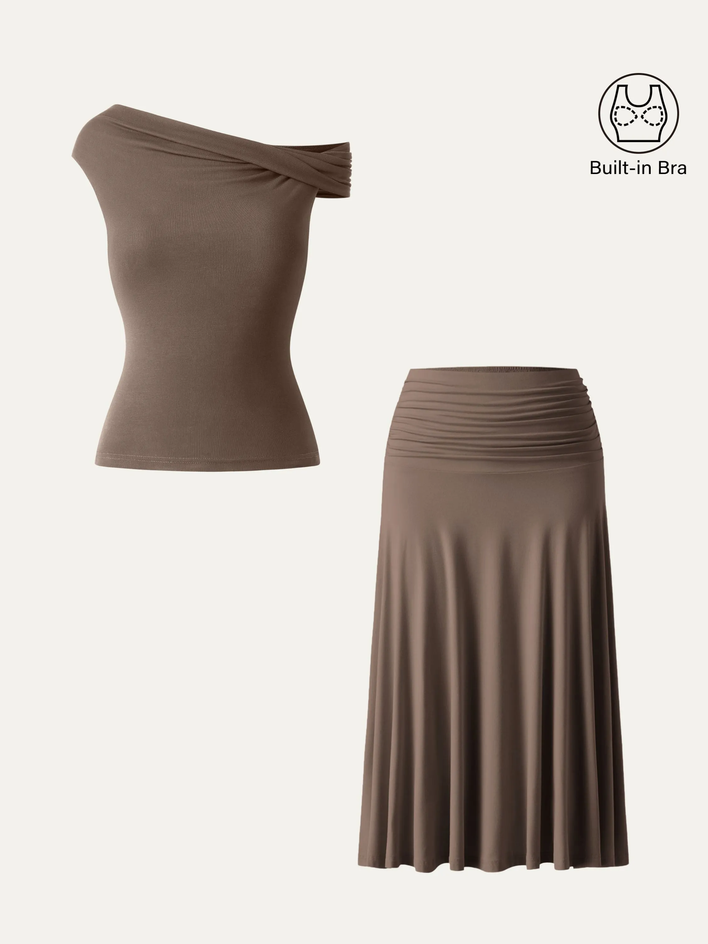 2Pcs Set Multi-wear Versatile Necklines Brami Top & Flowy Side Ruched A-line Midi Skirt sold by OGLmove product image thumbnail 4