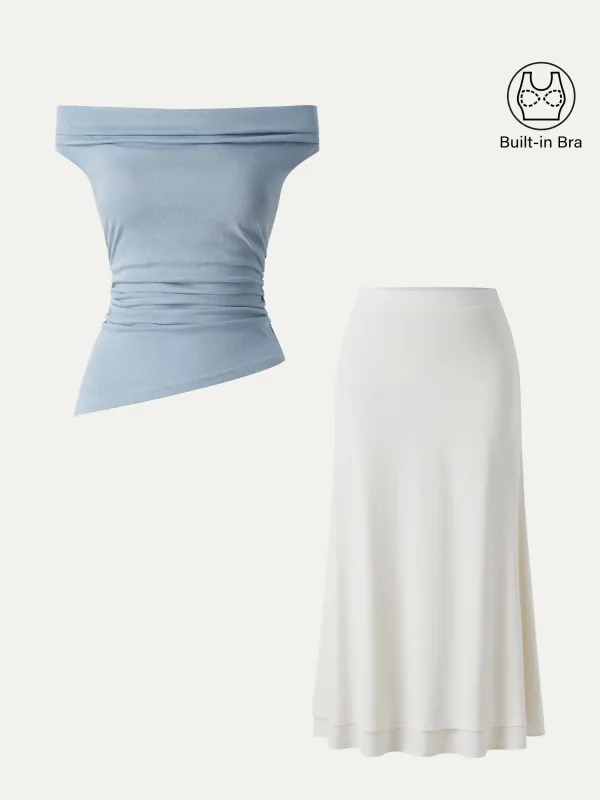 2Pcs Set Cold Shoulder Cotton-Linen Brami & Flowy Cotton-linen Midi Flared Skirt sold by ogl move