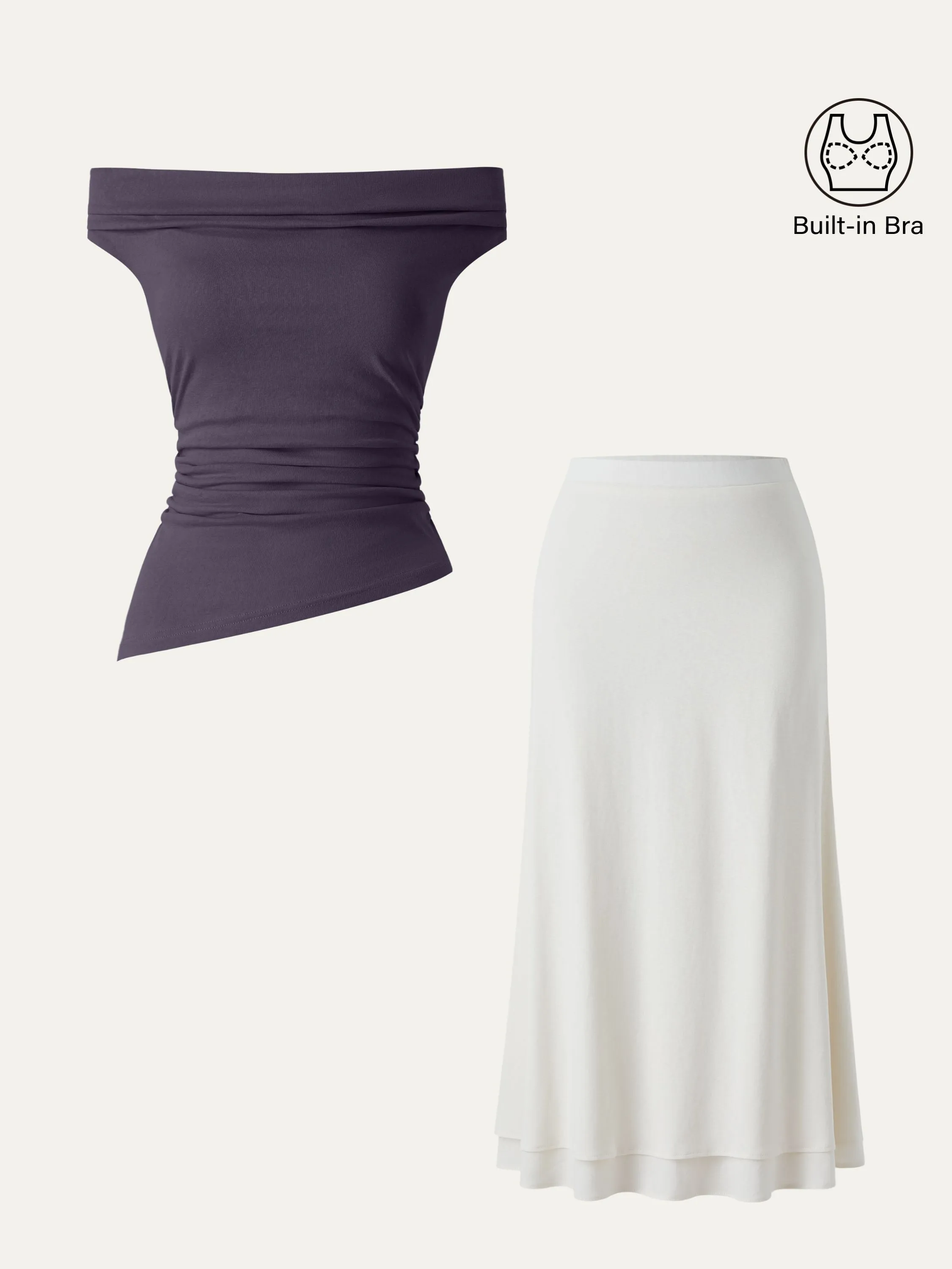 2Pcs Set Cold Shoulder Cotton-Linen Brami & Flowy Cotton-linen Midi Flared Skirt sold by ogl move product image thumbnail 3