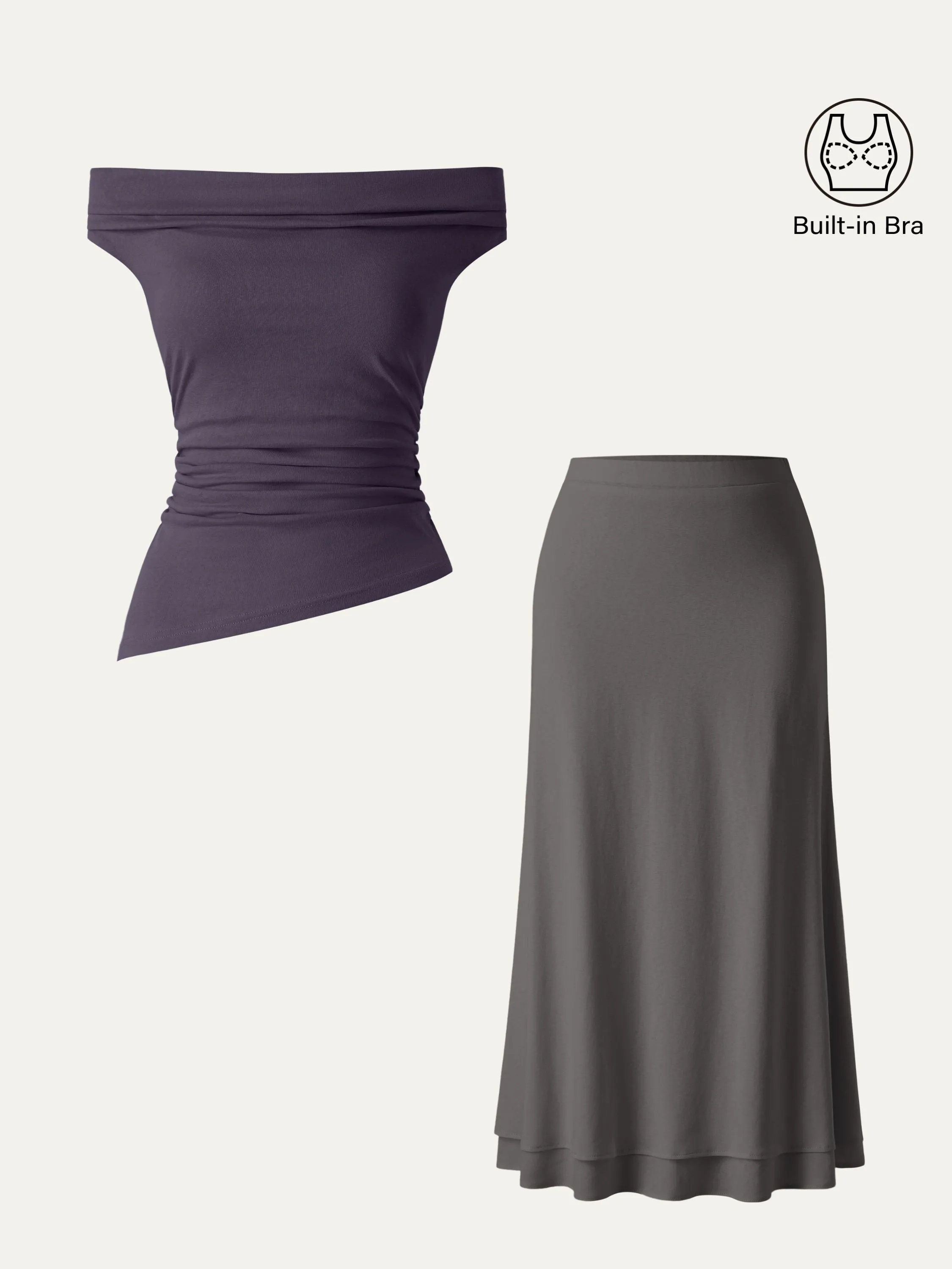 2Pcs Set Cold Shoulder Cotton-Linen Brami & Flowy Cotton-linen Midi Flared Skirt sold by ogl move product image thumbnail 4