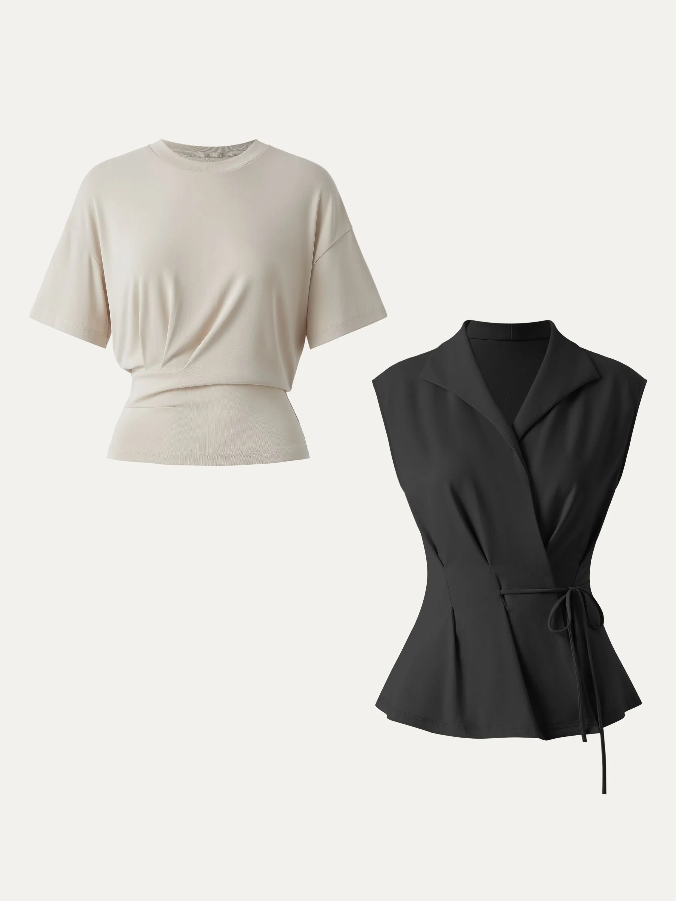 2Pcs Set Flap Collar Surplice Top with Drawstring Tie & Crewneck Tucked Tee sold by ogl move product image thumbnail 2