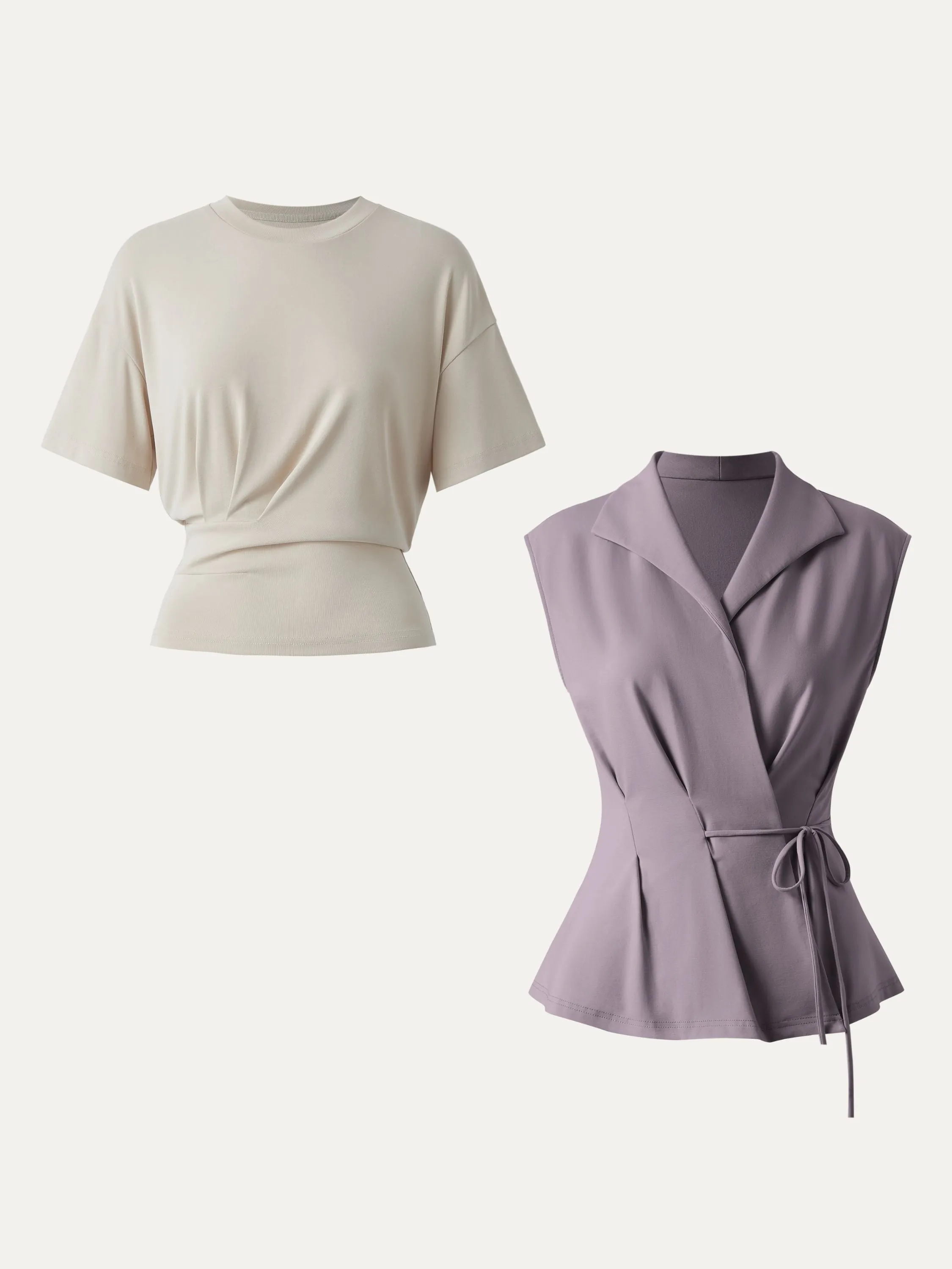 2Pcs Set Flap Collar Surplice Top with Drawstring Tie & Crewneck Tucked Tee sold by ogl move product image thumbnail 5