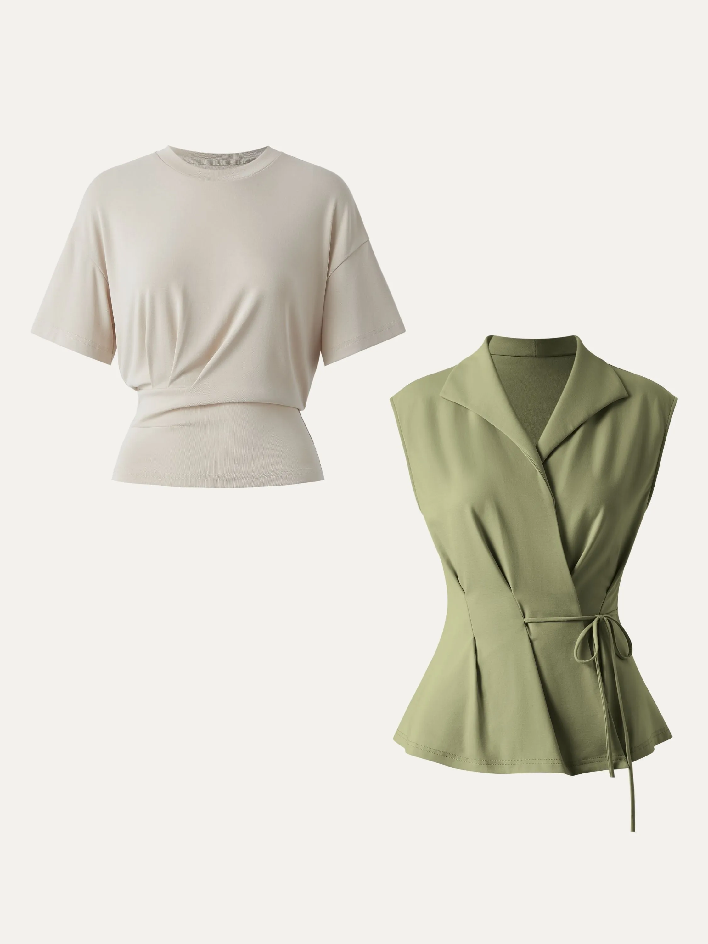 2Pcs Set Flap Collar Surplice Top with Drawstring Tie & Crewneck Tucked Tee sold by ogl move