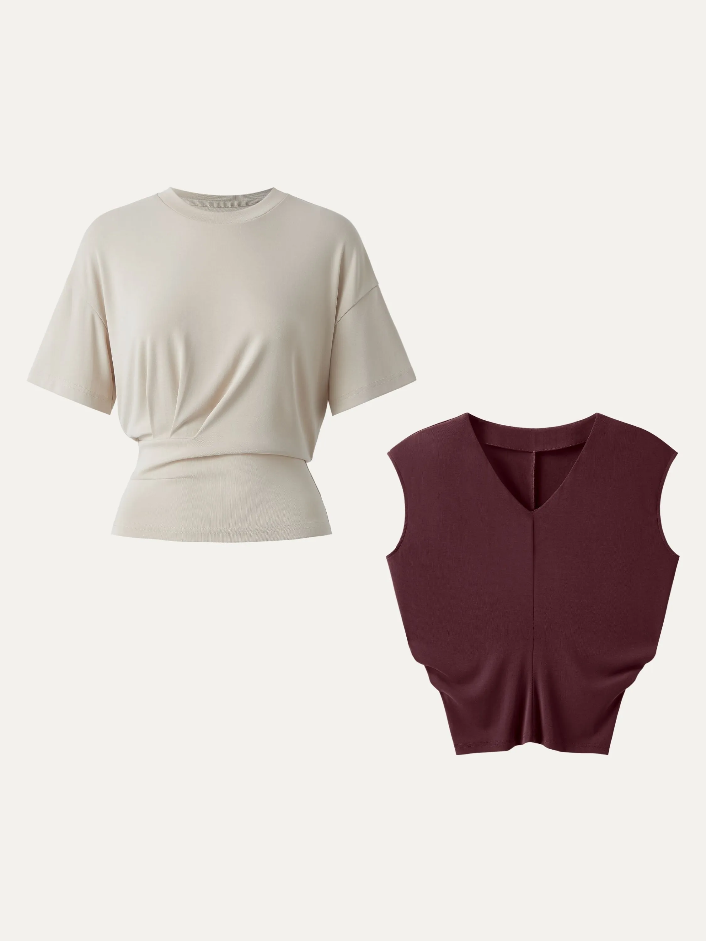 2Pcs Set Sandwashed V-neck Cap Sleeve Top & Crewneck Short Sleeve Tucked Tee sold by ogl move product image thumbnail 2