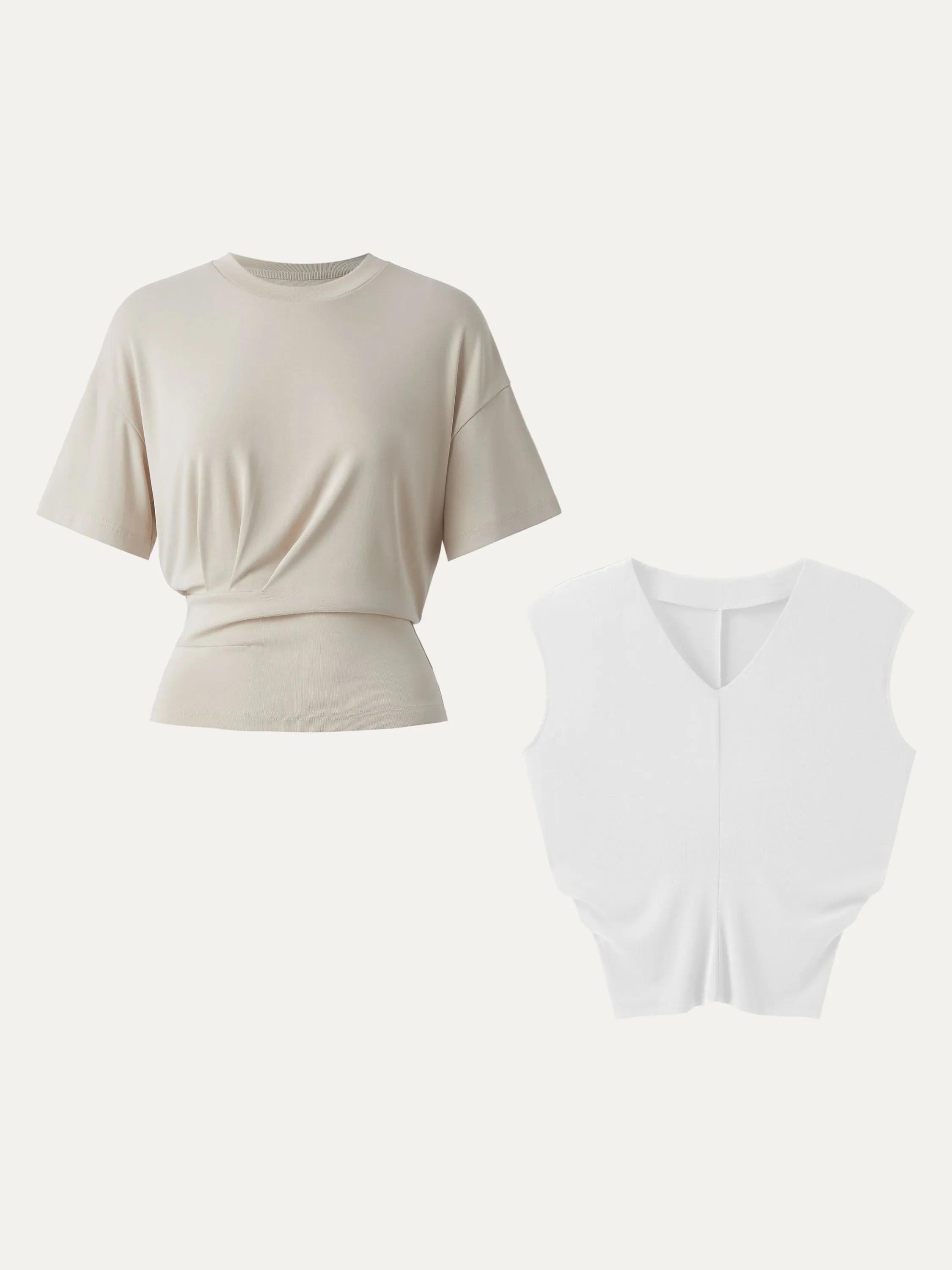 2Pcs Set Sandwashed V-neck Cap Sleeve Top & Crewneck Short Sleeve Tucked Tee sold by ogl move product image thumbnail 5