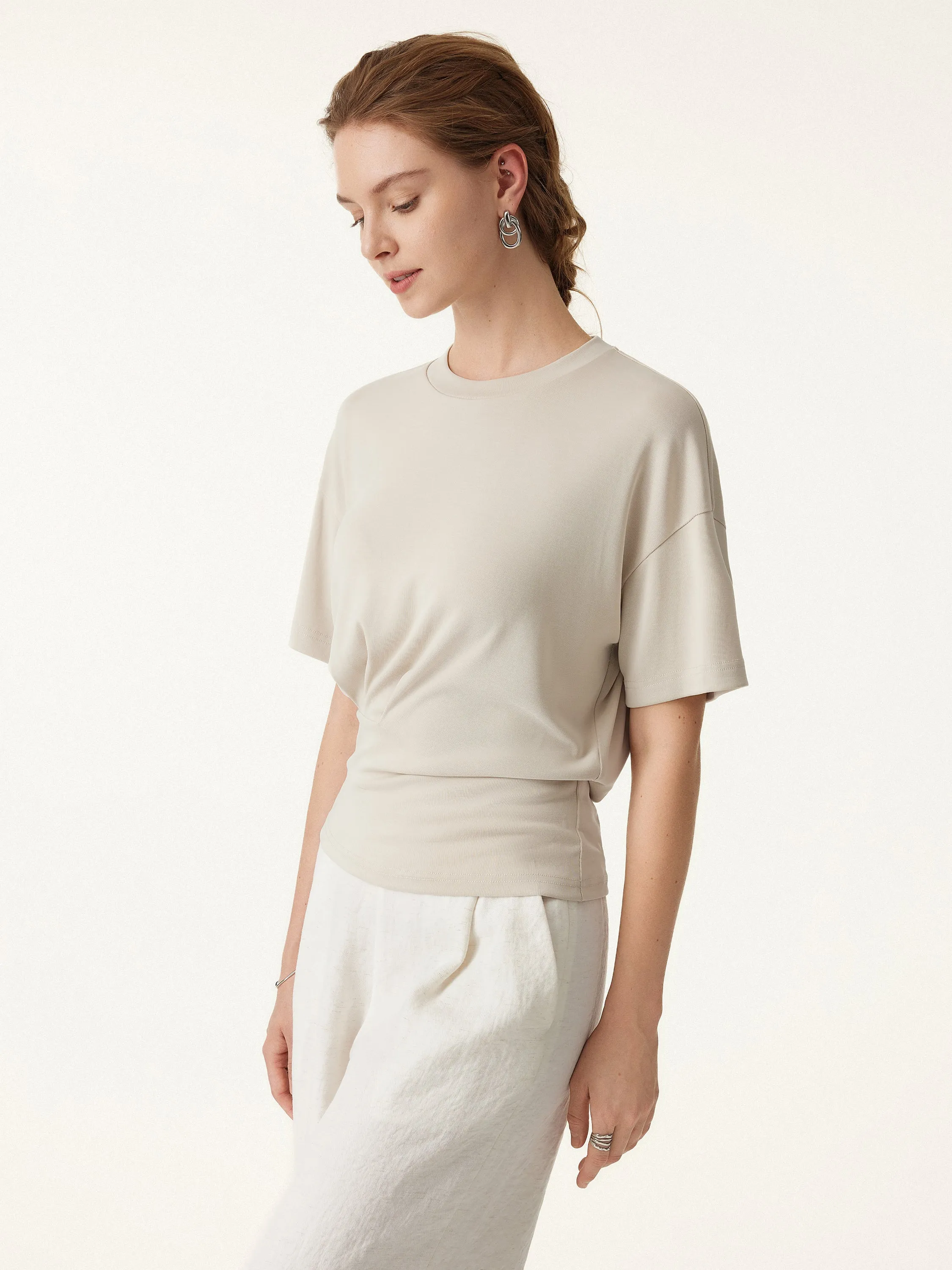 2Pcs Set Sandwashed V-neck Cap Sleeve Top & Crewneck Short Sleeve Tucked Tee sold by ogl move product image thumbnail 3