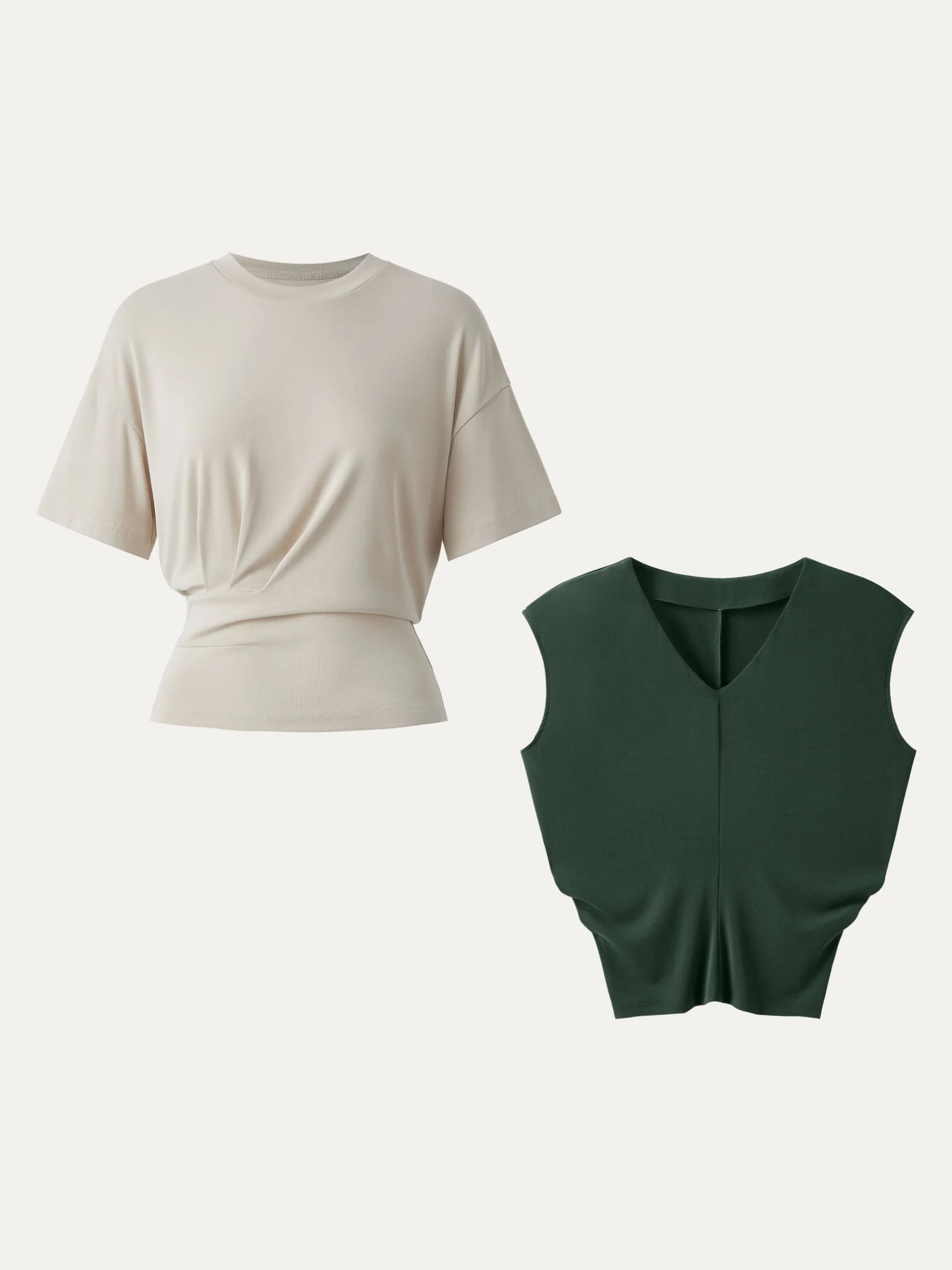 2Pcs Set Sandwashed V-neck Cap Sleeve Top & Crewneck Short Sleeve Tucked Tee sold by ogl move