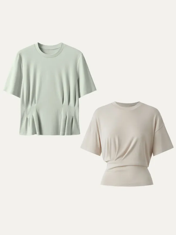 2Pcs Set Crewneck Cinched Waist Tee & Sandwashed Tucked Tee sold by ogl move