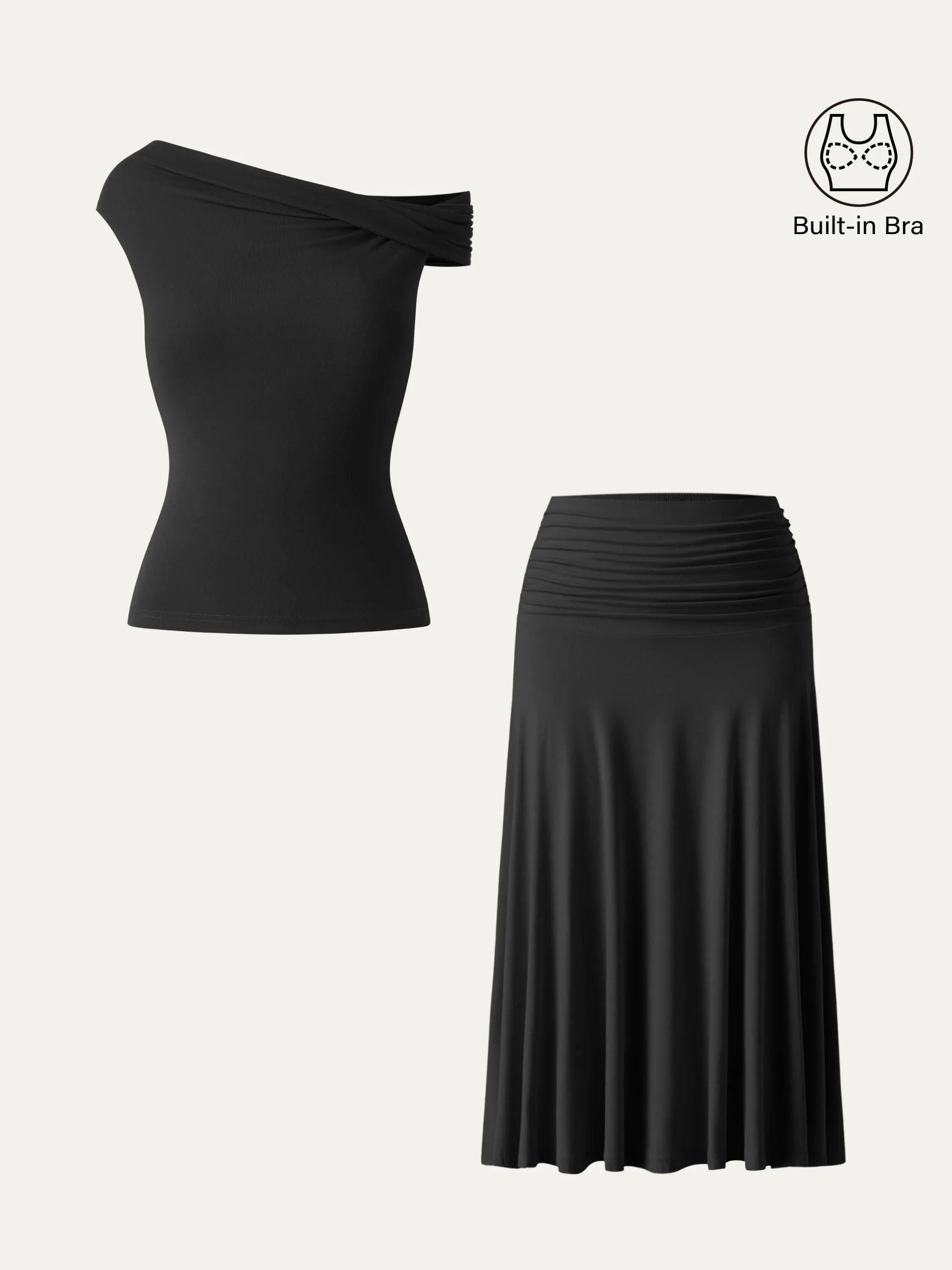 2Pcs Set Multi-wear Necklines Brami Top & Flowy Side Ruched A-line Midi Skirt sold by ogl move product image thumbnail 2