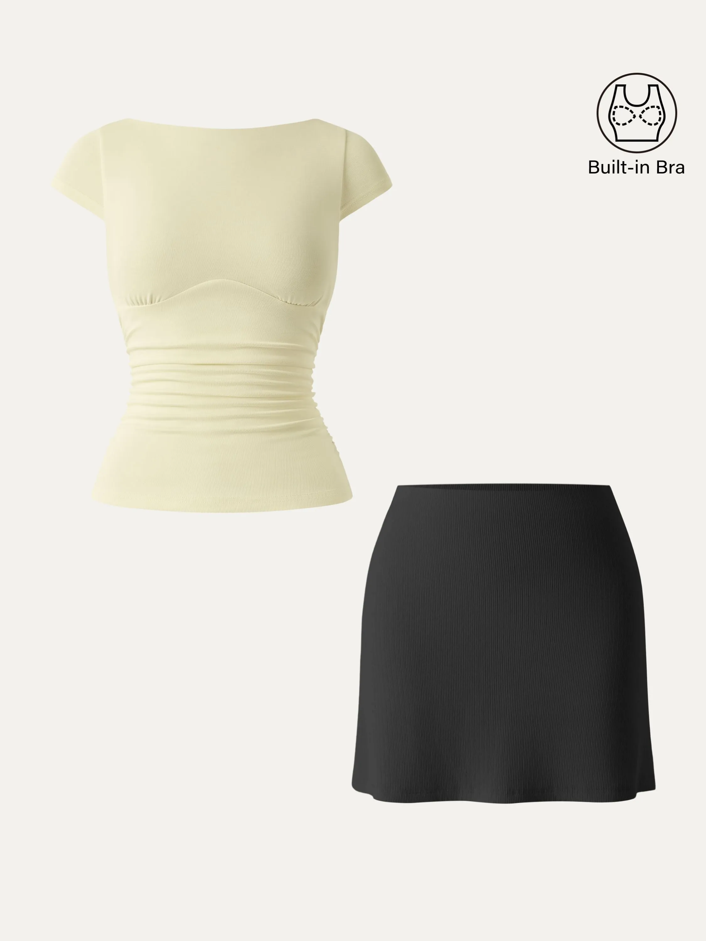 2Pcs Set Sandwashed Boatneck Cap Sleeve Brami & A-line Mini Skirt with Built-in Shorts sold by ogl move product image thumbnail 2
