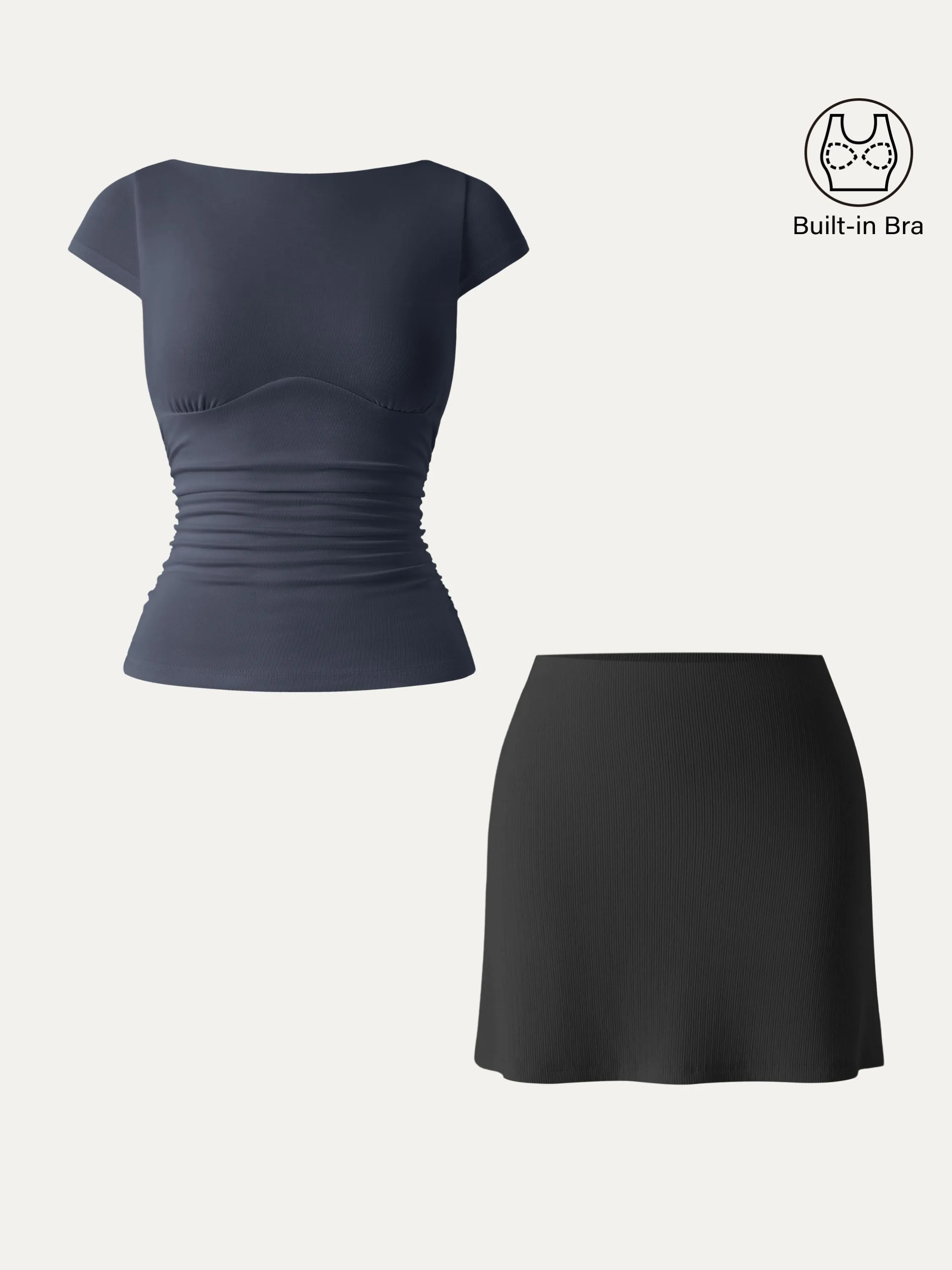2Pcs Set Sandwashed Boatneck Cap Sleeve Brami & A-line Mini Skirt with Built-in Shorts sold by ogl move product image thumbnail 4