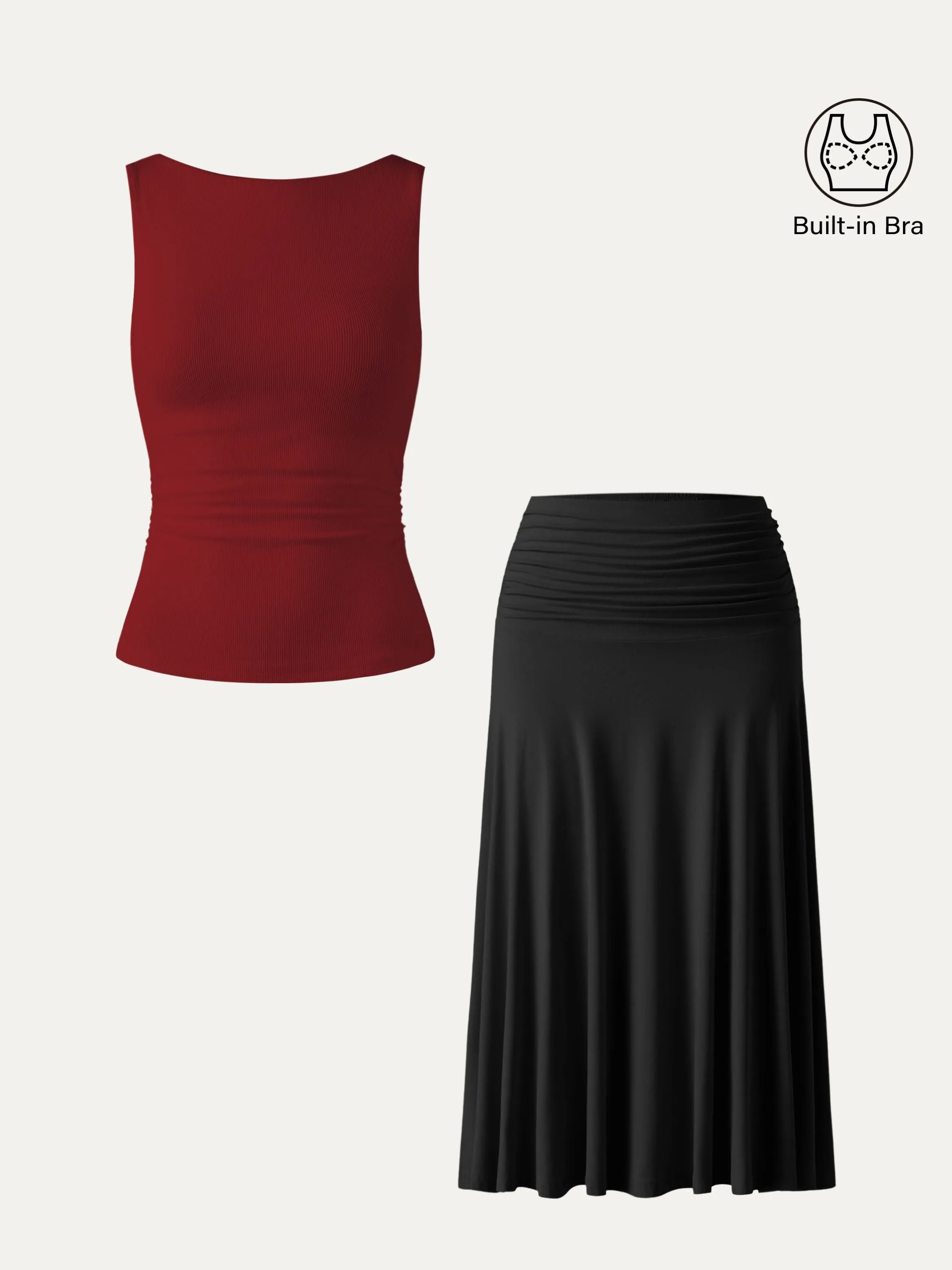 2Pcs Set Elastic Open Back Brami Tank & Flowy Side Ruched A-line Midi Skirt sold by ogl move product image thumbnail 5