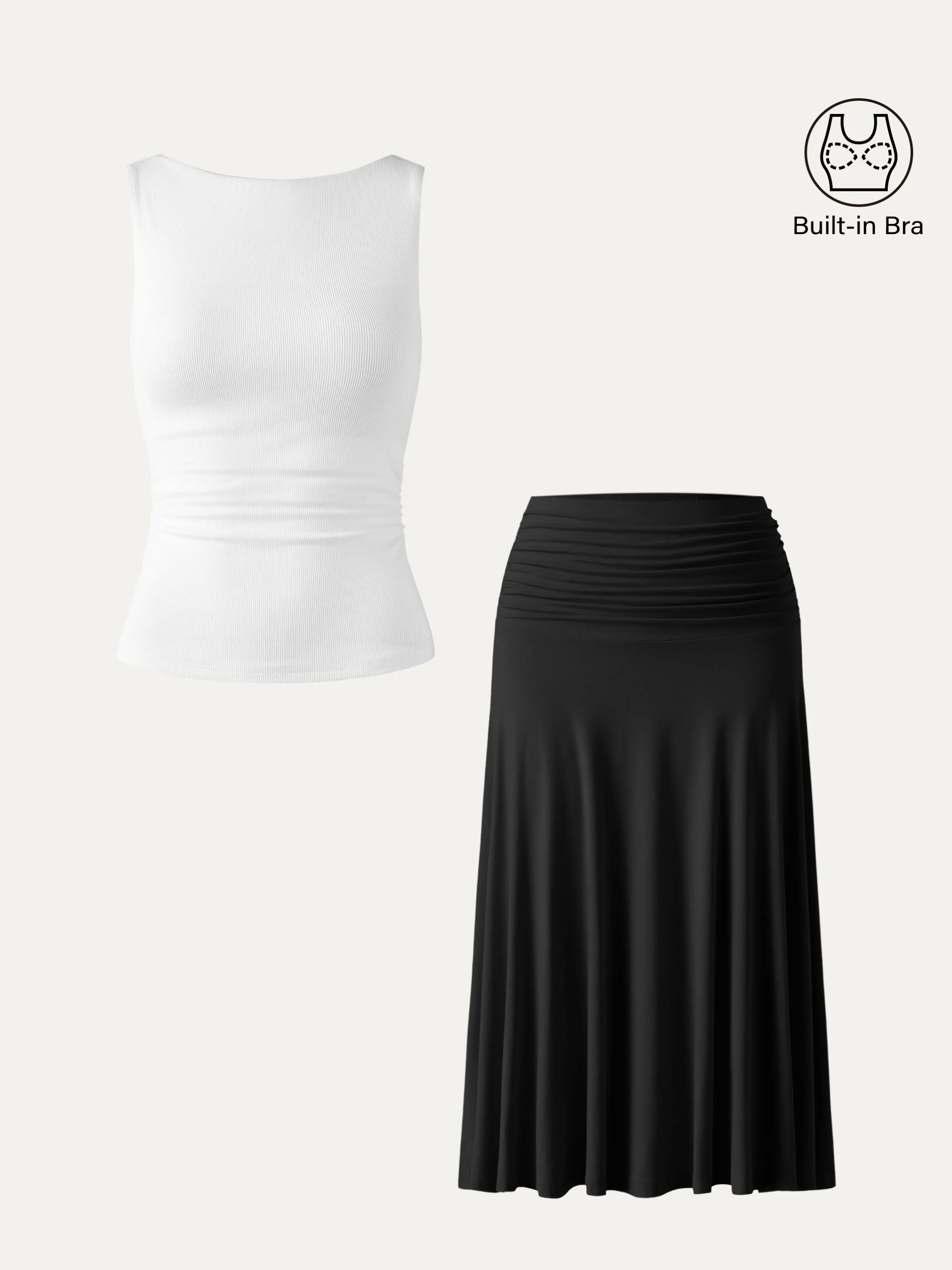 2Pcs Set Elastic Open Back Brami Tank & Flowy Side Ruched A-line Midi Skirt sold by ogl move product image thumbnail 3