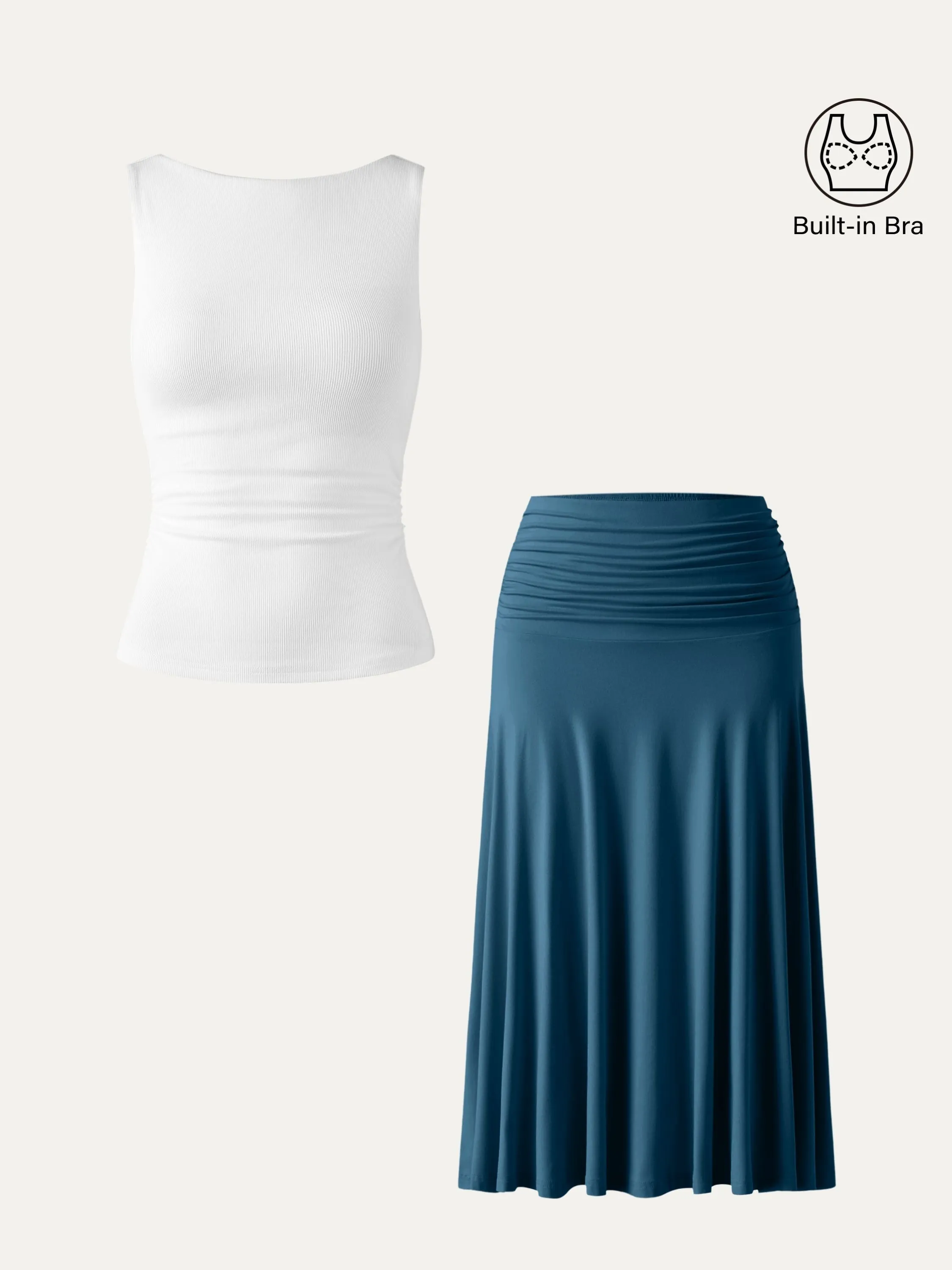 2Pcs Set Elastic Open Back Brami Tank & Flowy Side Ruched A-line Midi Skirt sold by ogl move product image thumbnail 2