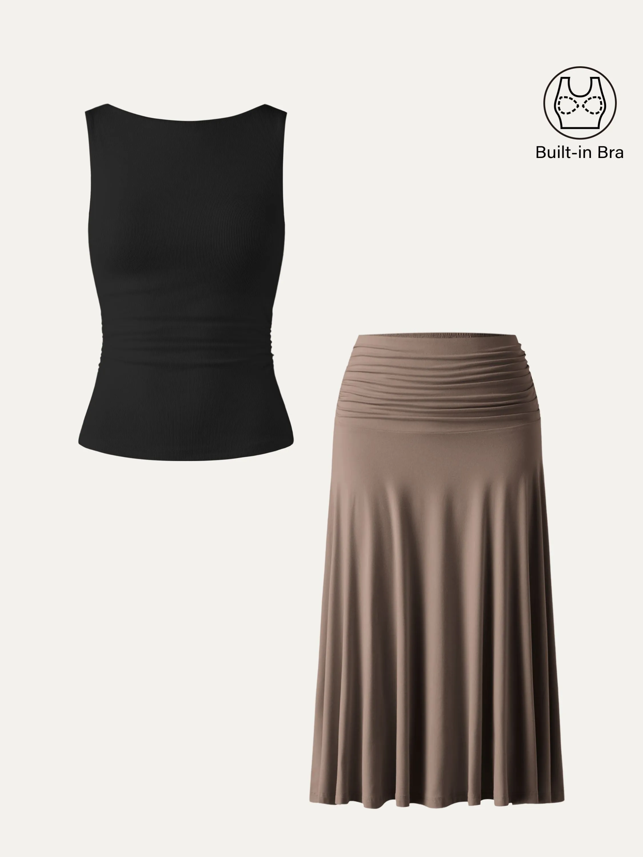 2Pcs Set Elastic Open Back Brami Tank & Flowy Side Ruched A-line Midi Skirt sold by ogl move product image thumbnail 4