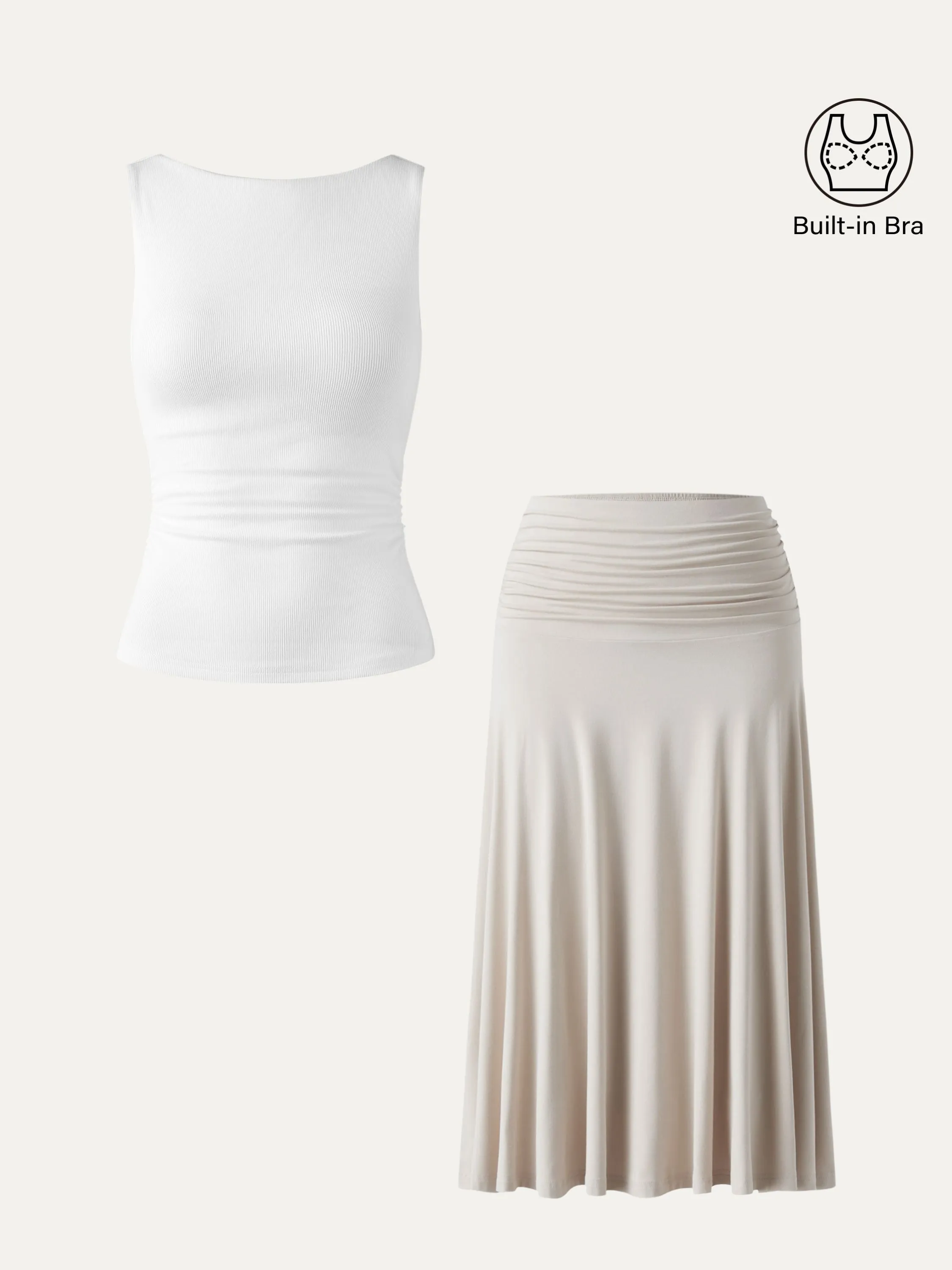 2Pcs Set Elastic Open Back Brami Tank & Flowy Side Ruched A-line Midi Skirt sold by ogl move