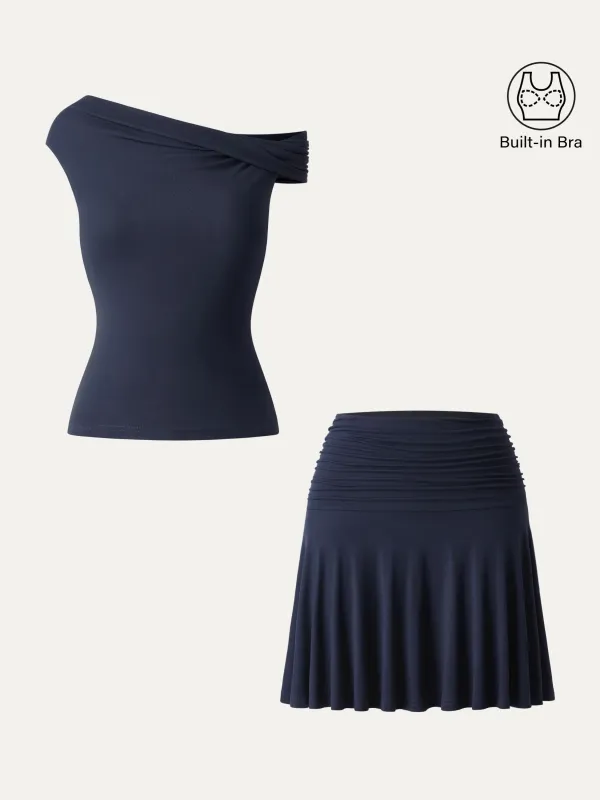 2Pcs Set Multi-wear Versatile Necklines Brami Top & Essential Ruched Mini Circle Skirt sold by ogl move