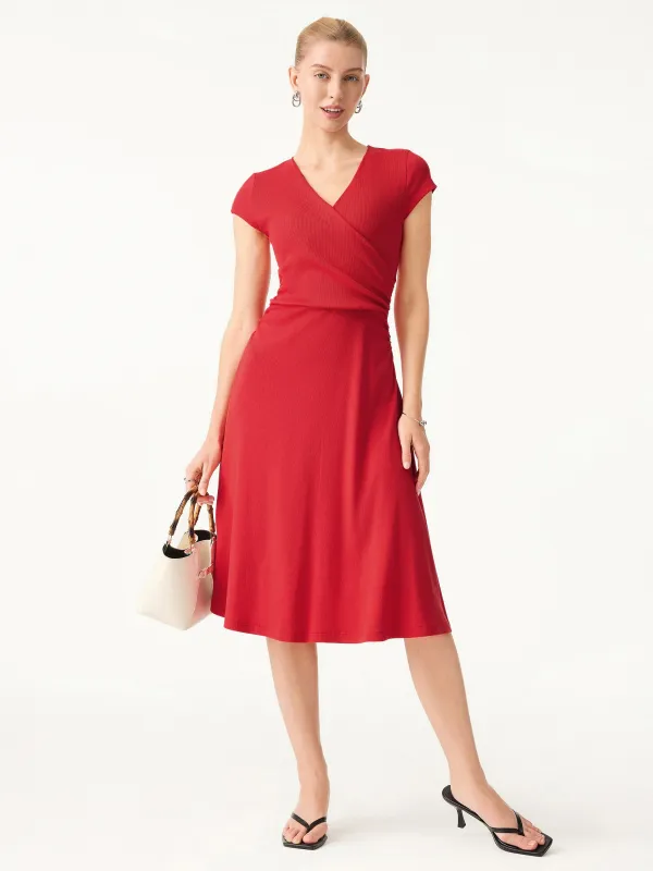 Stretch Cotton Surplice V-neck Cap Sleeve Midi Dress sold by OGLmove