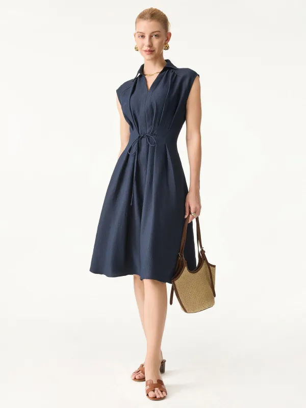 Viscose-Linen Collared V-neck Midi Dress with Drawstring sold by OGLmove