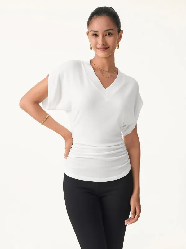Semi-sheer Lyocell Cashmere Blend V-neck Short Sleeve Side Ruched Tee sold by OGLmove