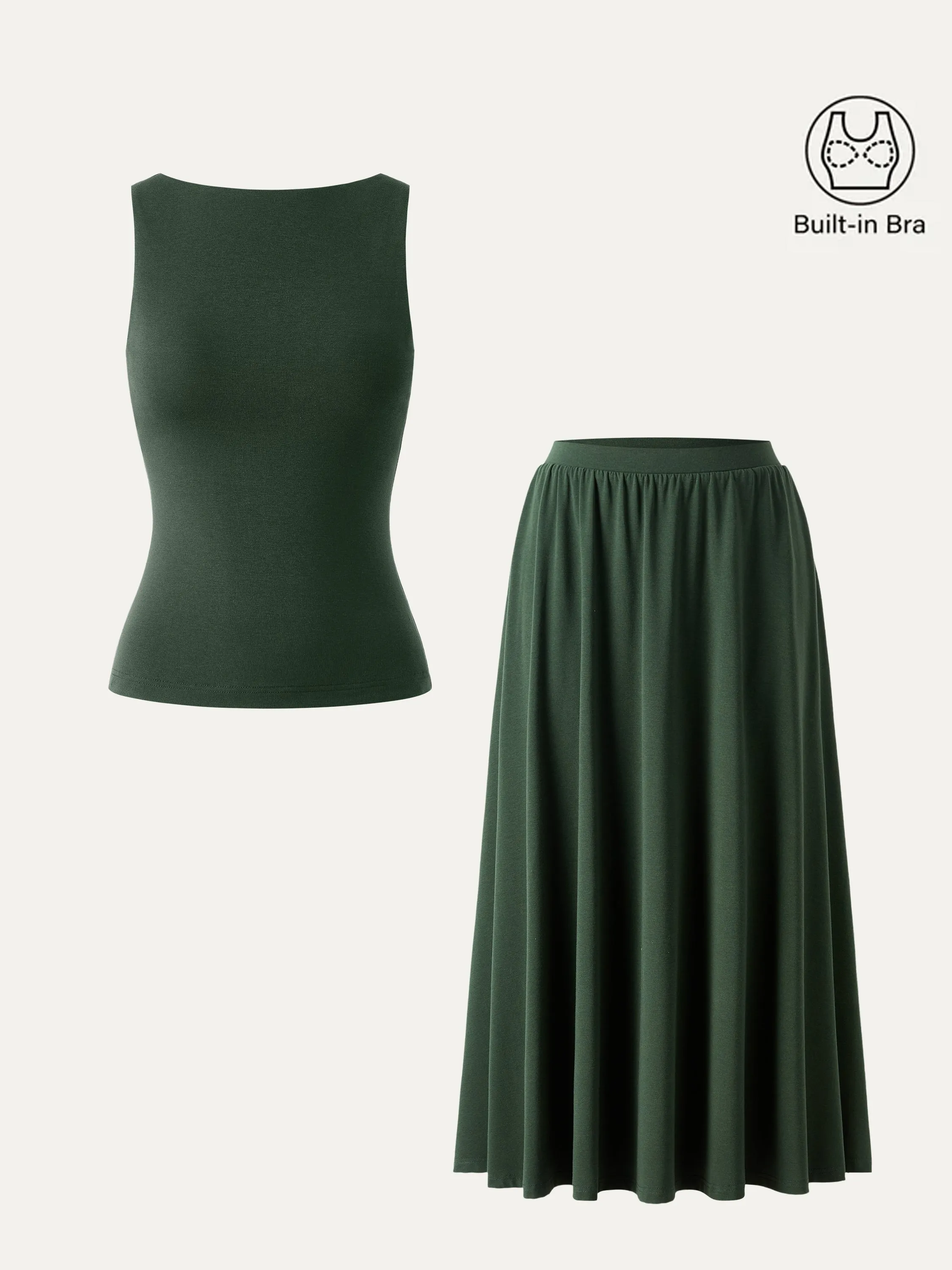2Pcs Set Stretch Cotton Boatneck Bra Tank & Maxi Umbrella Skirt with Pockets sold by OGLmove product image thumbnail 2