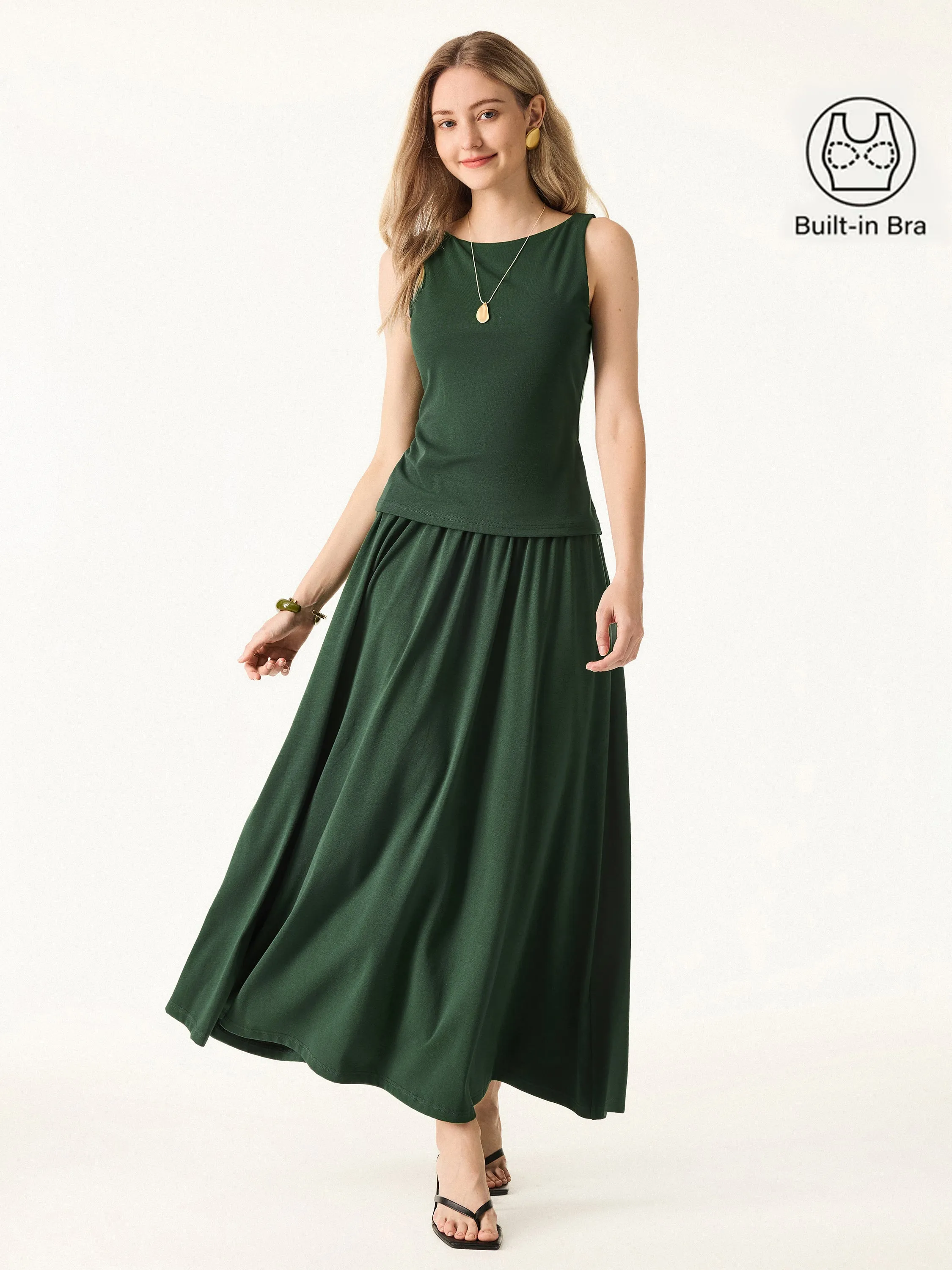 2Pcs Set Stretch Cotton Boatneck Bra Tank & Maxi Umbrella Skirt with Pockets sold by OGLmove product image thumbnail 3