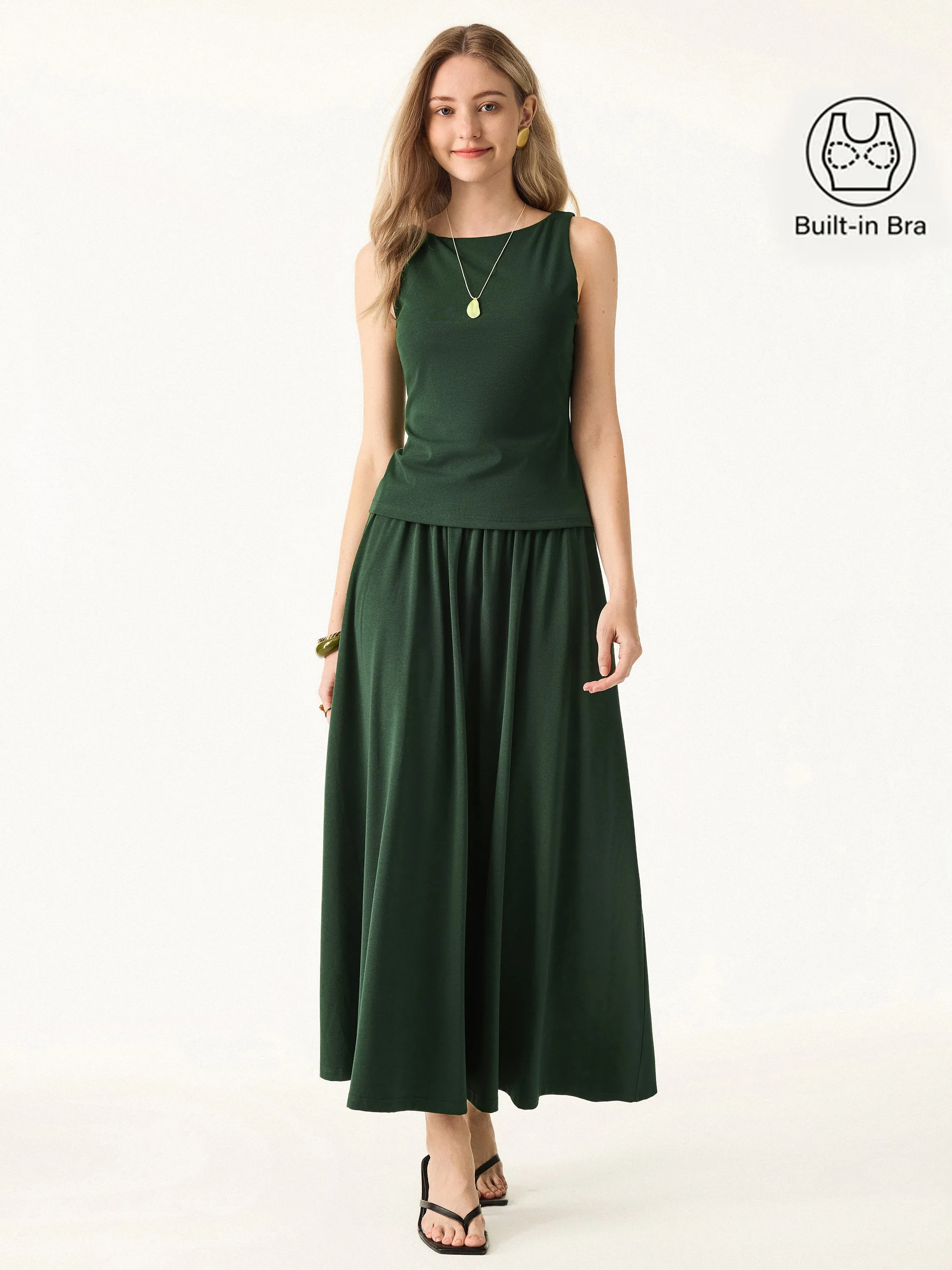 2Pcs Set Stretch Cotton Boatneck Bra Tank & Maxi Umbrella Skirt with Pockets sold by OGLmove