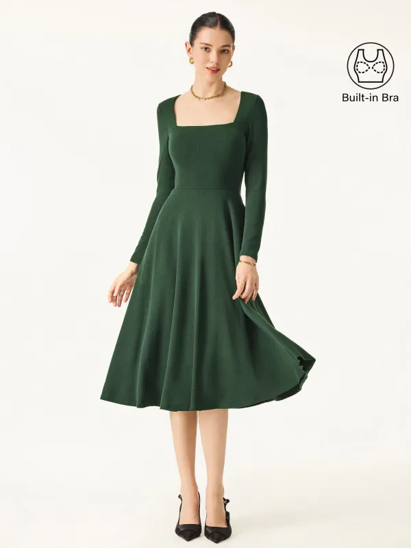 Essential Square Neck Long Sleeve Fit-and-Flare Brami Midi Dress with Pockets sold by ogl move