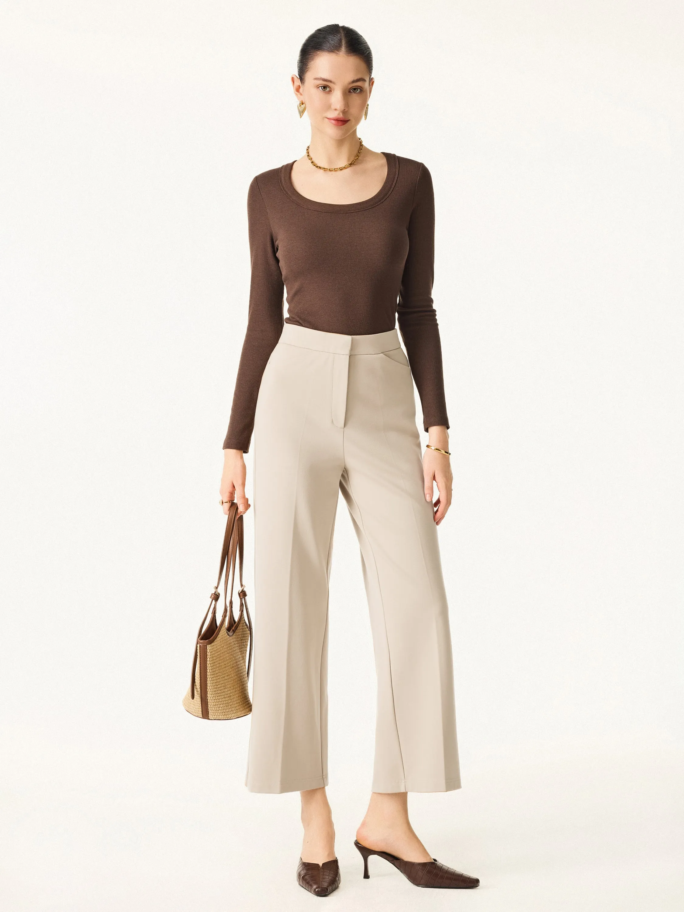 Petite High Rise Straight Leg Cropped Fly-Front Trousers with Pockets sold by OGLmove product image thumbnail 4