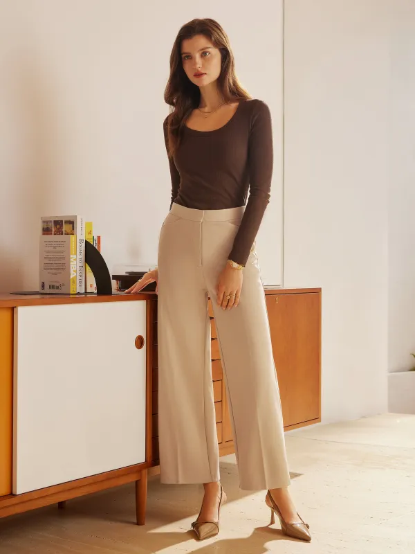 Petite High Rise Straight Leg Cropped Fly-Front Trousers with Pockets sold by ogl move